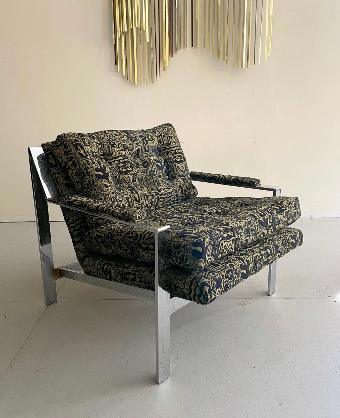 Mid-Century Modern Chrome Cube Lounge Chair Designed by Cy Mann. This chair features a mirrored chrome finish with a unique brand new geometric upholstery & foam. Designed by Cy Mann circa 1960. A perfect addition to any modern living space.