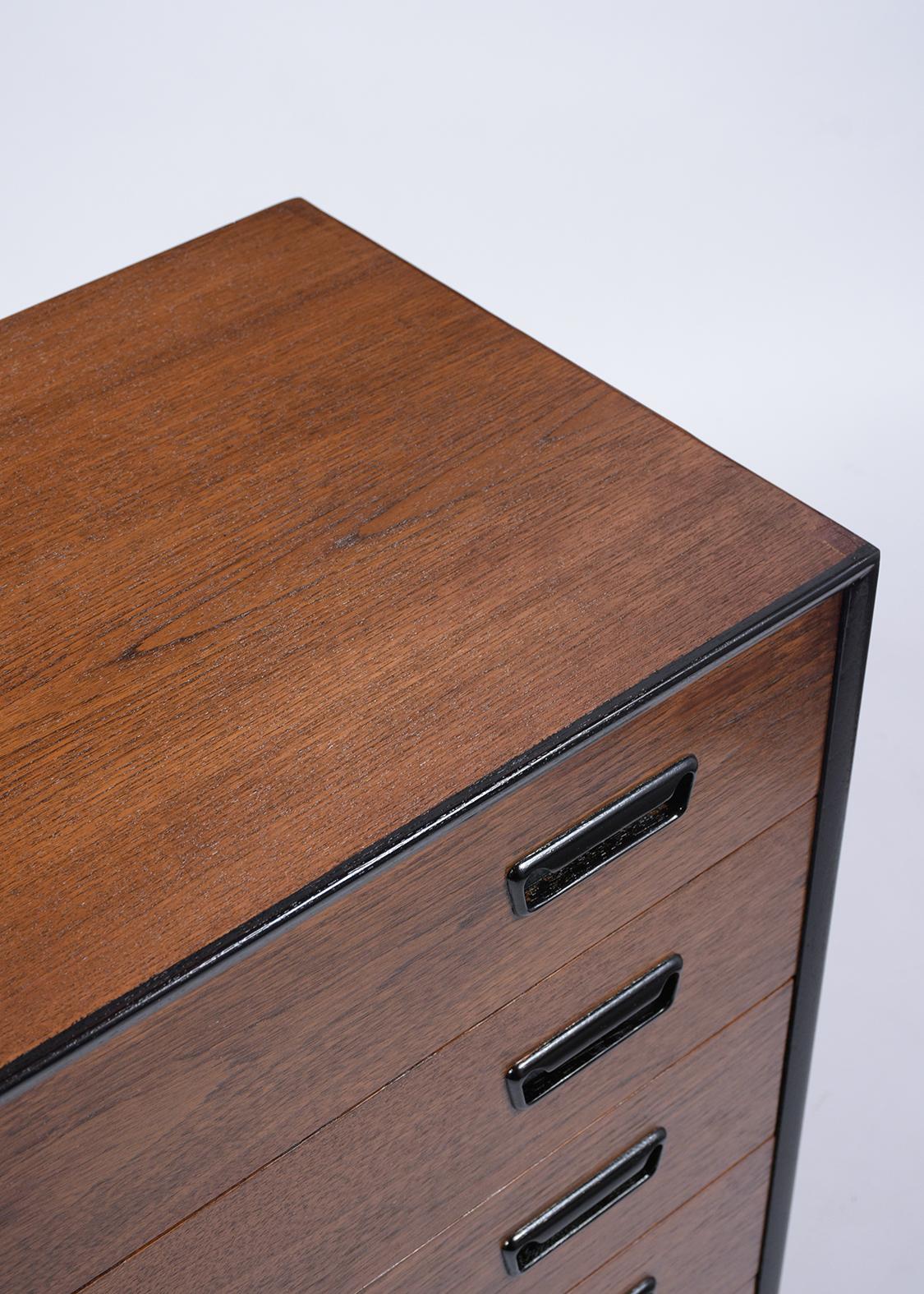 Lacquer 1960s Mid-Century Modern Danish Teak Wood Chest of Drawers with Ebonized Accents