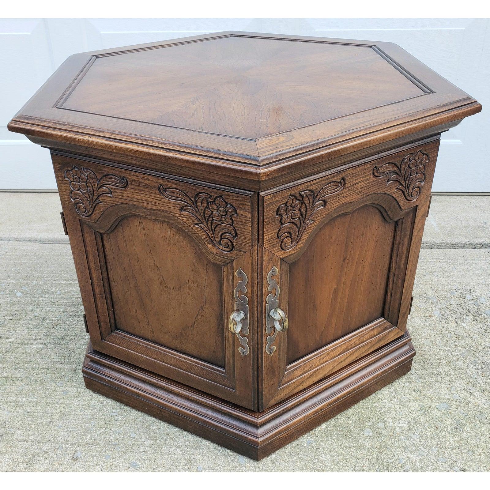 1960s Mid-Century Modern Double Door Hexagonal Walnut End Table 1