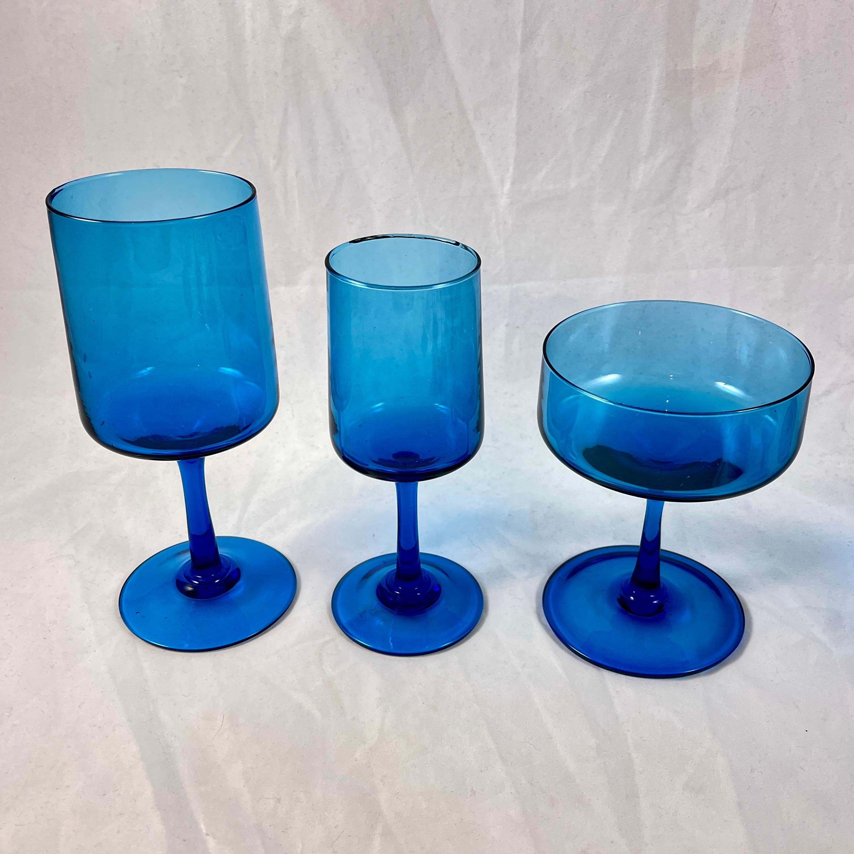 1960s Mid-Century Modern Empoli Italian Aqua Blue Glasses, Mixed Set/12 In Good Condition For Sale In Philadelphia, PA