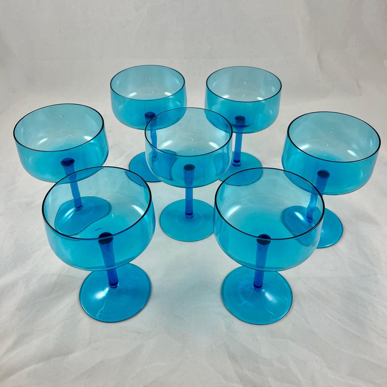 1960s MidCentury Modern Empoli Italian Aqua Blue Wine Glasses, Set of