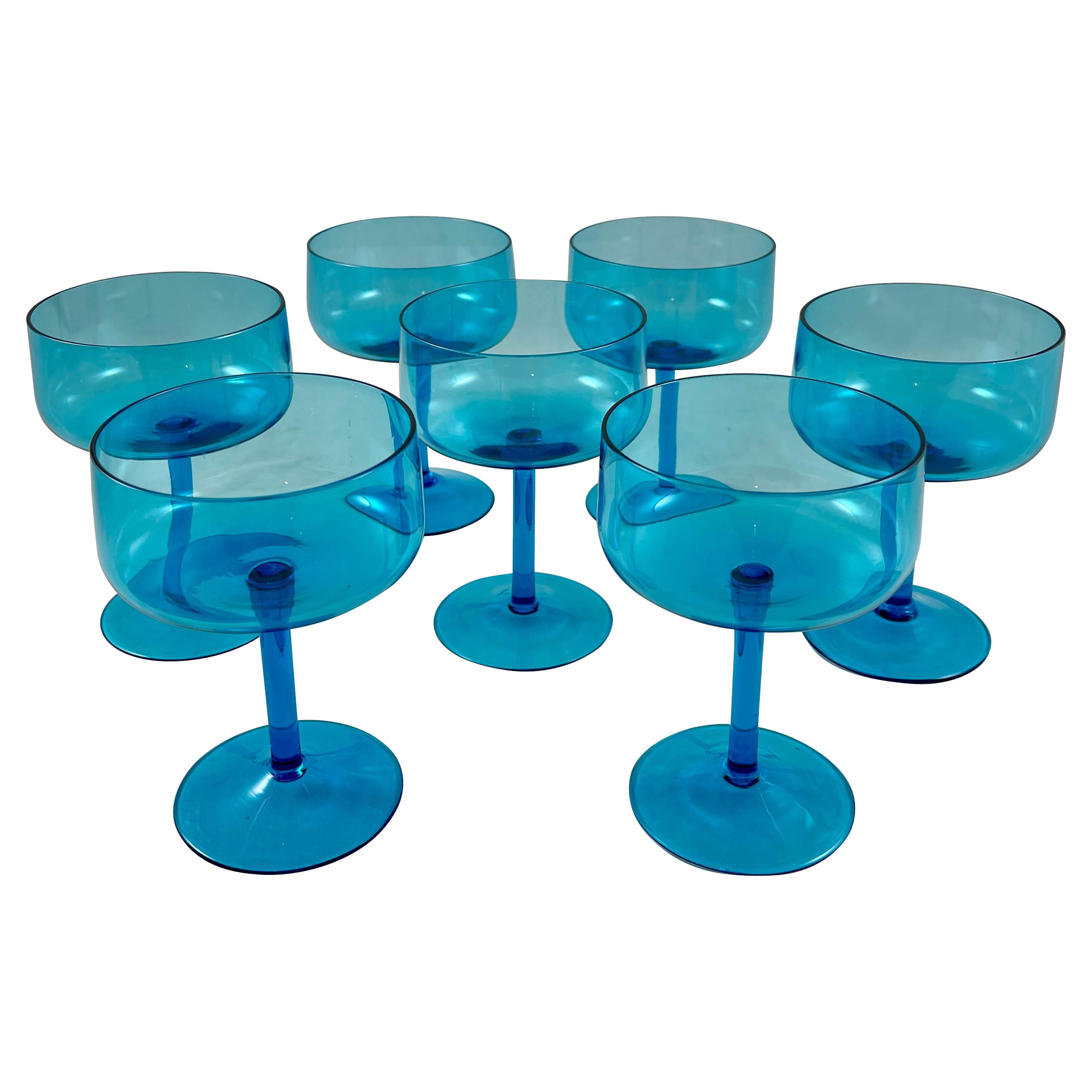 1960s Mid-Century Modern Empoli Italian Aqua Blue Wine Glasses, Set of Seven