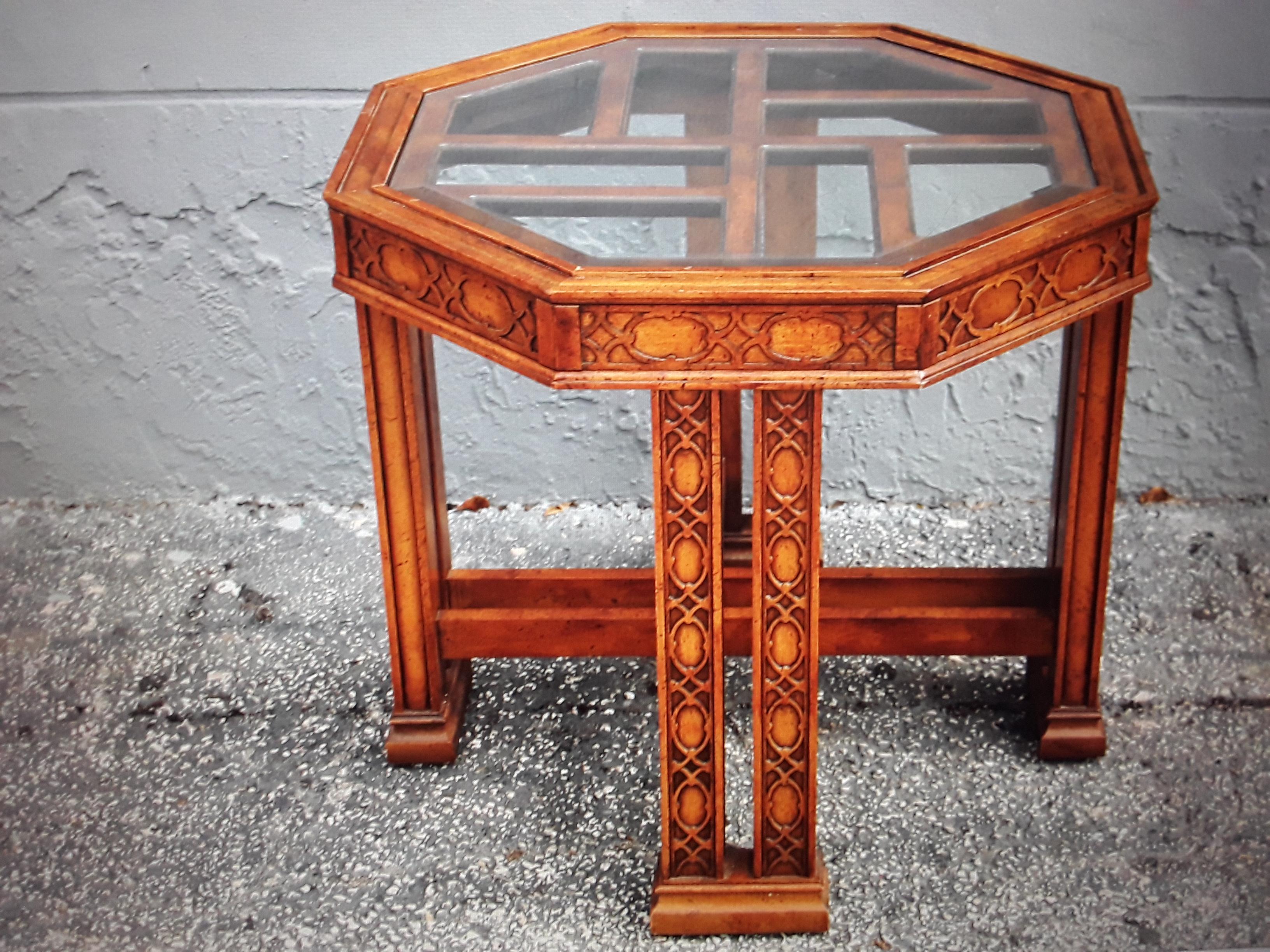 c1960's Mid Century Modern Exotic Wood Fretworked Accent/ Occasional/ End Table. Glass insert top.