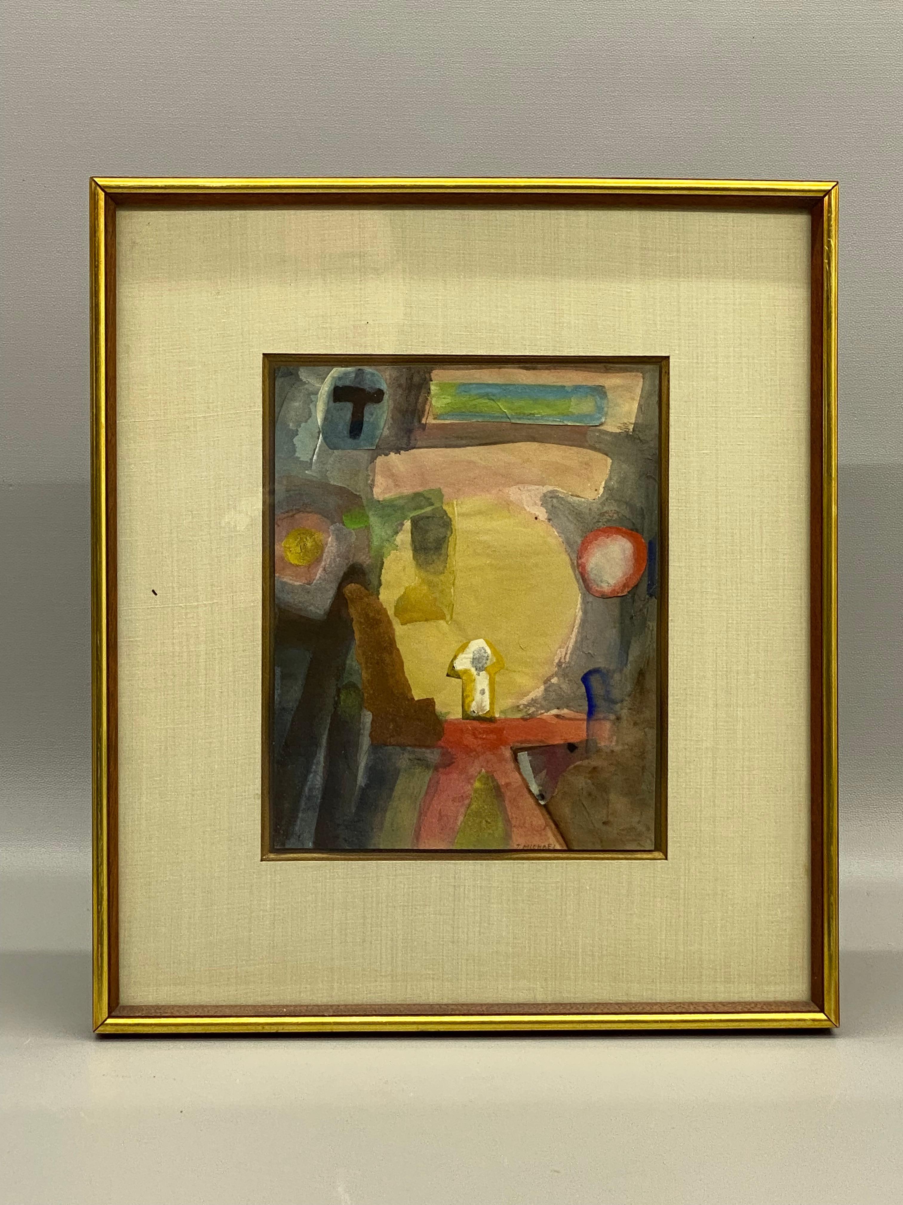 Scena astratta di interni, acquerello e collage/assemblaggio su carta. Firmato in basso a destra, J. Michael. Il trattamento della cornice consiste in una semplice modanatura in legno con accenti dorati. Il pezzo è sotto vetro con un lino opaco