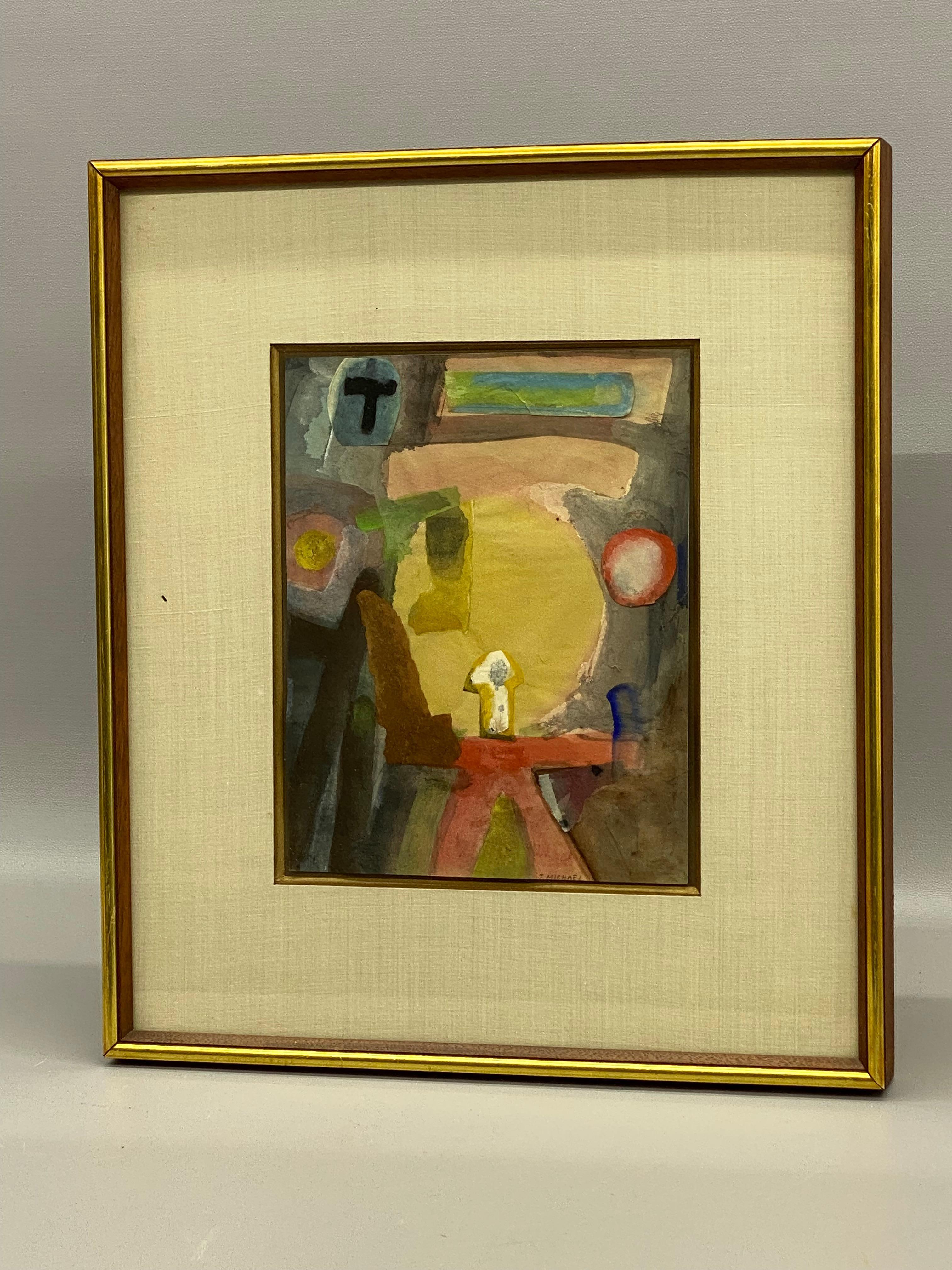 Americano 1960 Mid Century Modern Expressionist Interior Acquerello a tecnica mista
