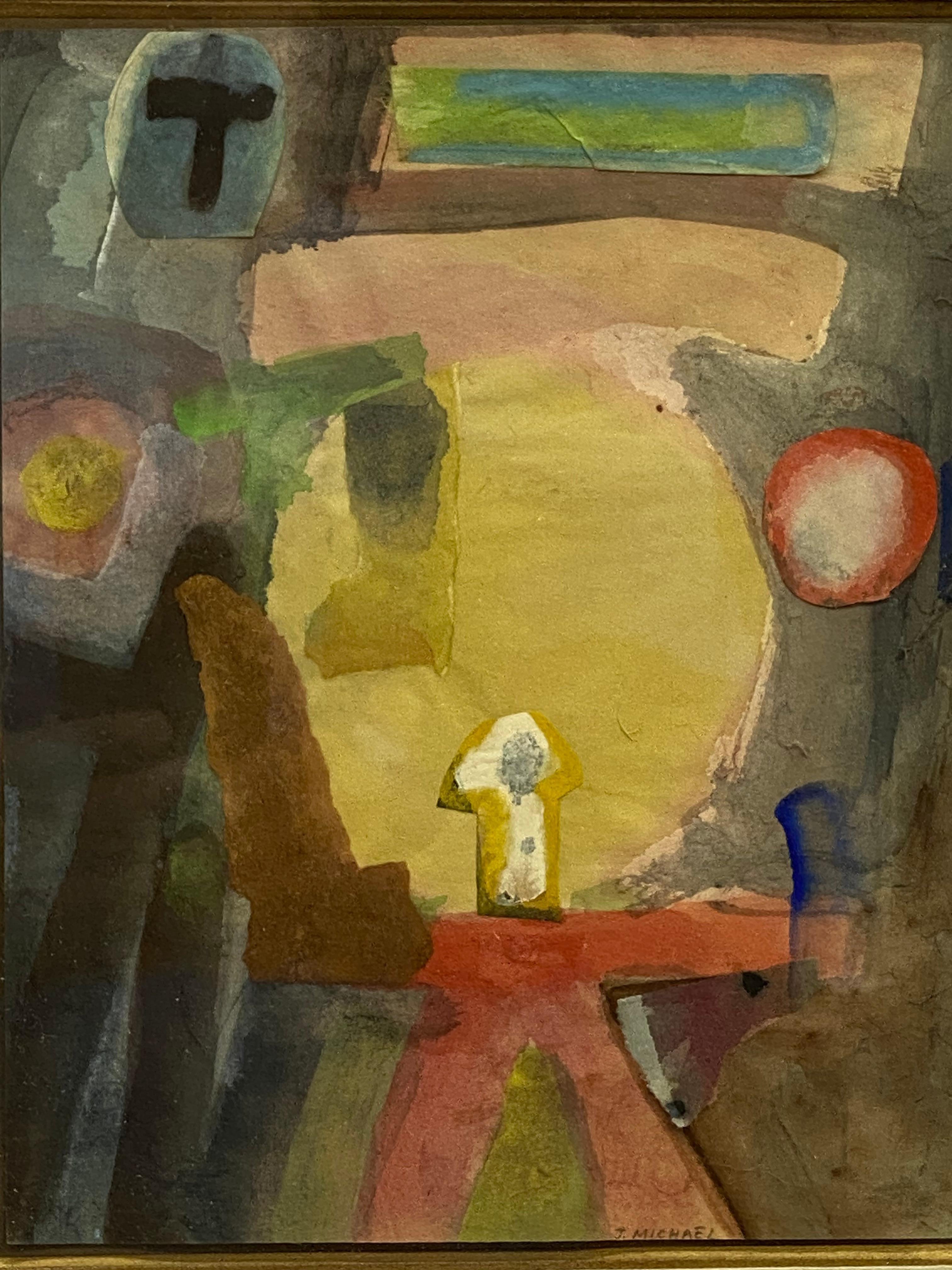 Metà XX secolo 1960 Mid Century Modern Expressionist Interior Acquerello a tecnica mista