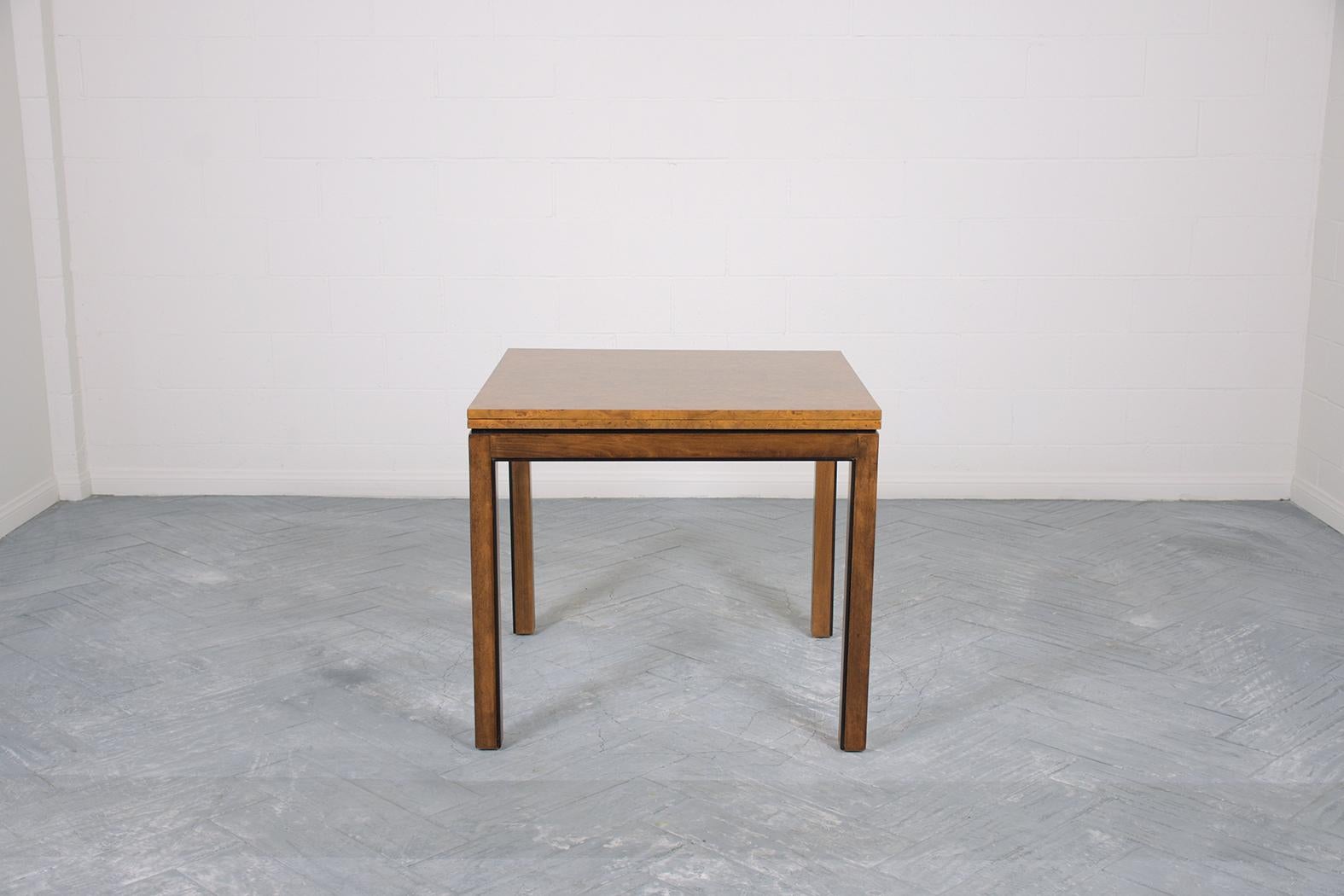 American Mid-Century Modern Extendable Walnut Burled Dining Table with Carved Legs