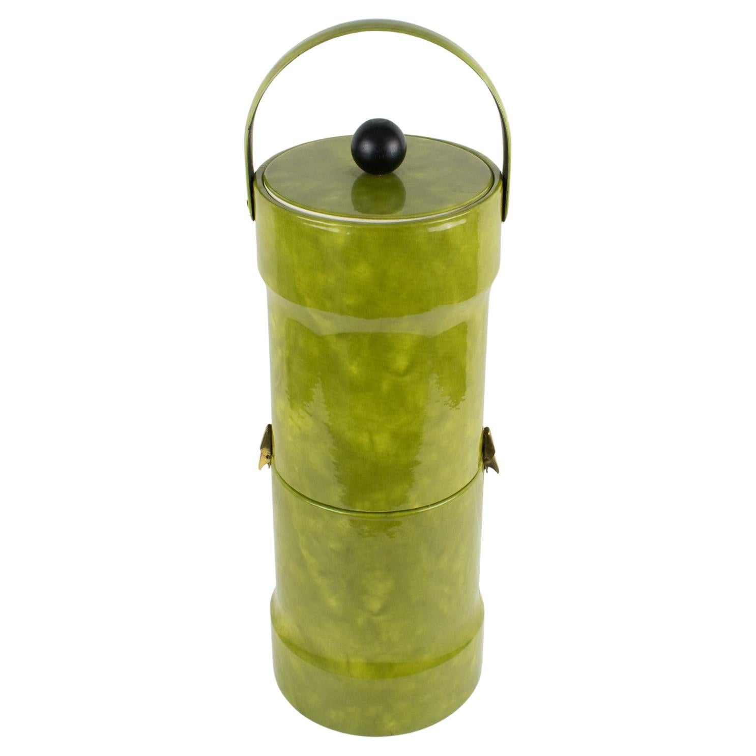 MidCentury Modern Walnut Wood Ice Bucket with Stainless Steel Tongs