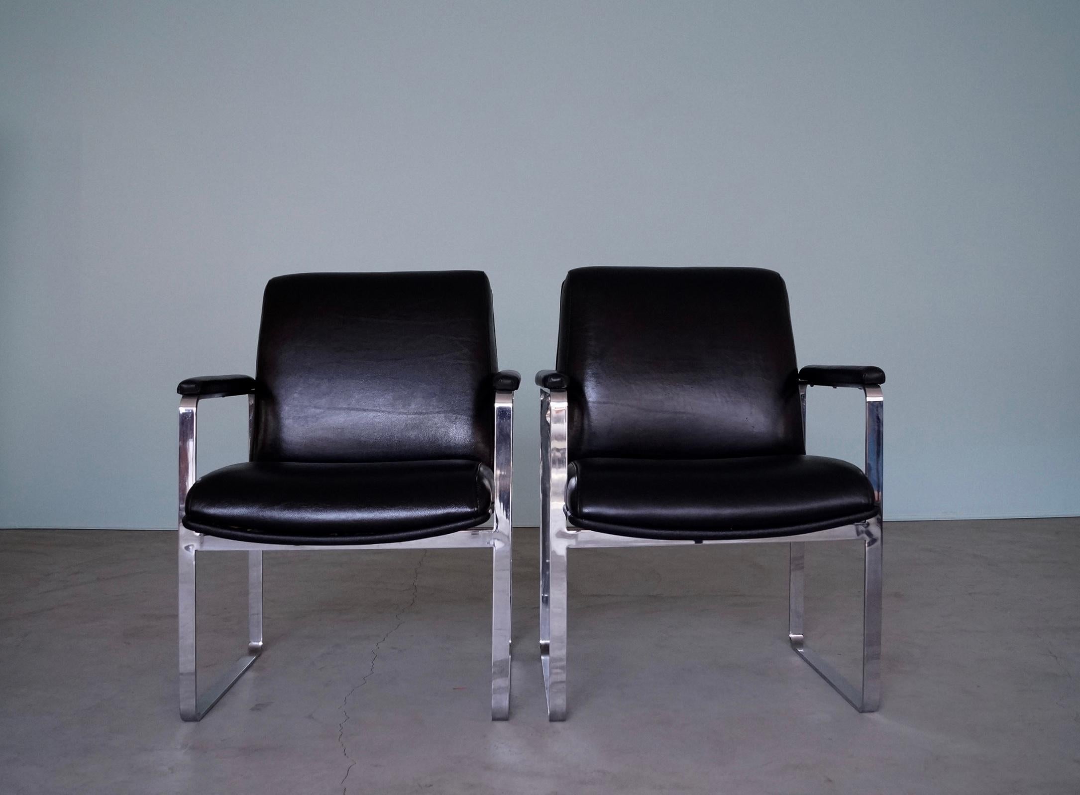 American 1960's Mid-Century Modern Flat Bar Chrome & Black Leather Armchairs - a Pair For Sale