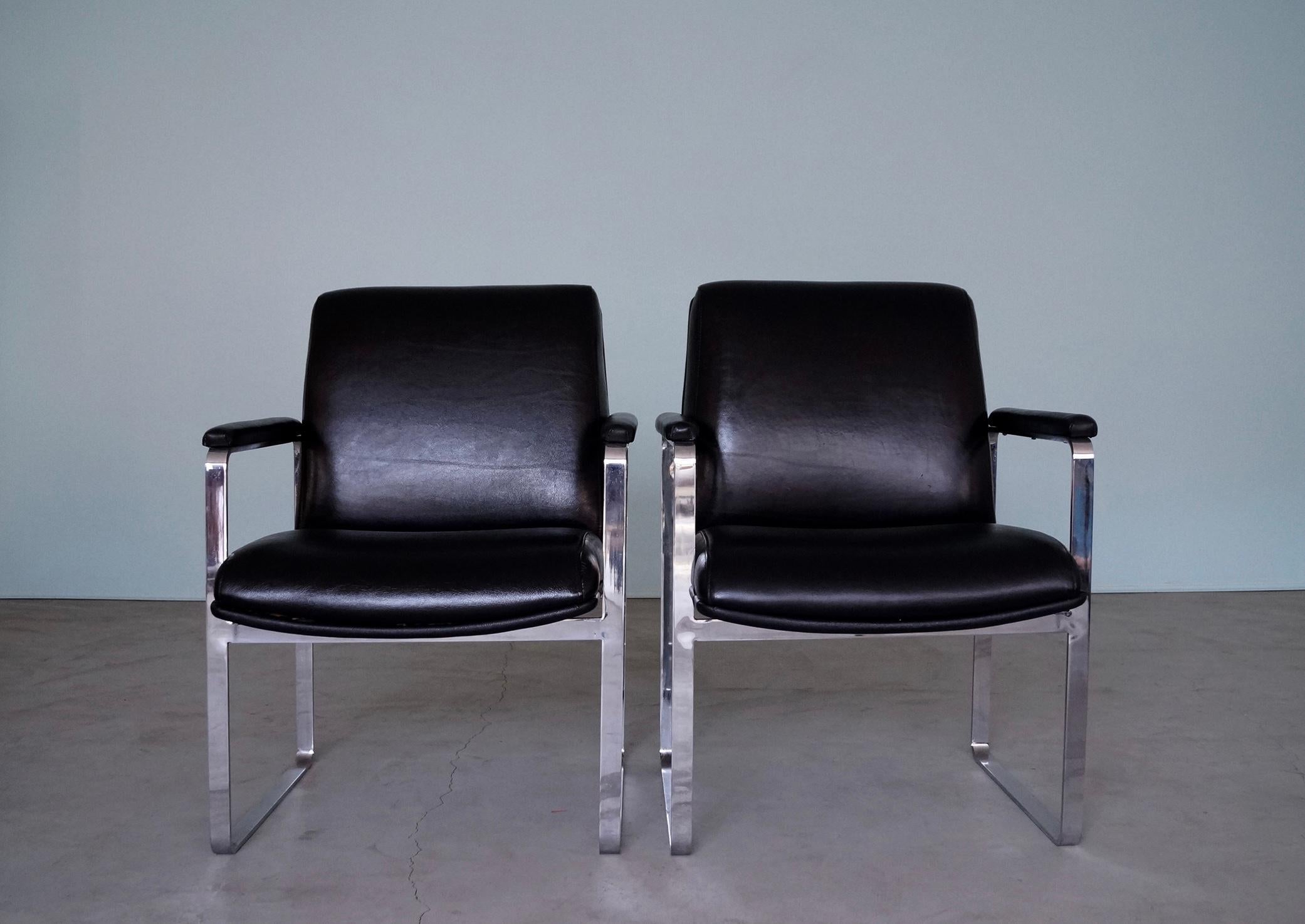 1960's Mid-Century Modern Flat Bar Chrome & Black Leather Armchairs - a Pair In Excellent Condition For Sale In Burbank, CA