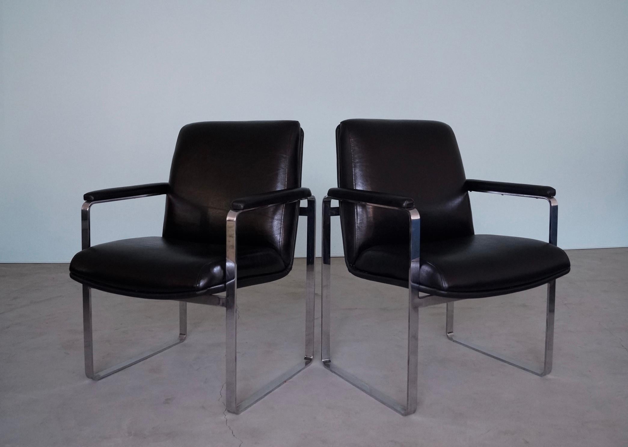 Mid-20th Century 1960's Mid-Century Modern Flat Bar Chrome & Black Leather Armchairs - a Pair For Sale