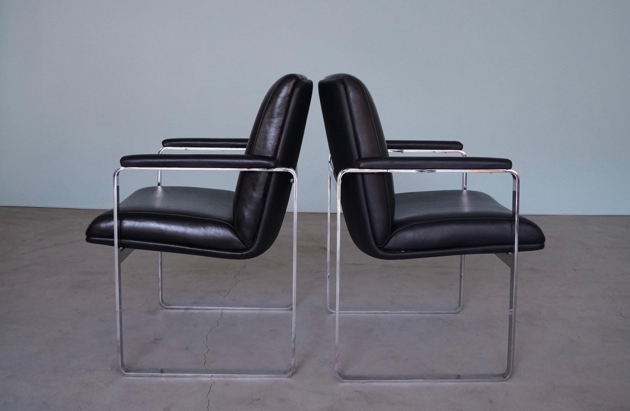 1960's Mid-Century Modern Flat Bar Chrome & Black Leather Armchairs - a Pair For Sale 1