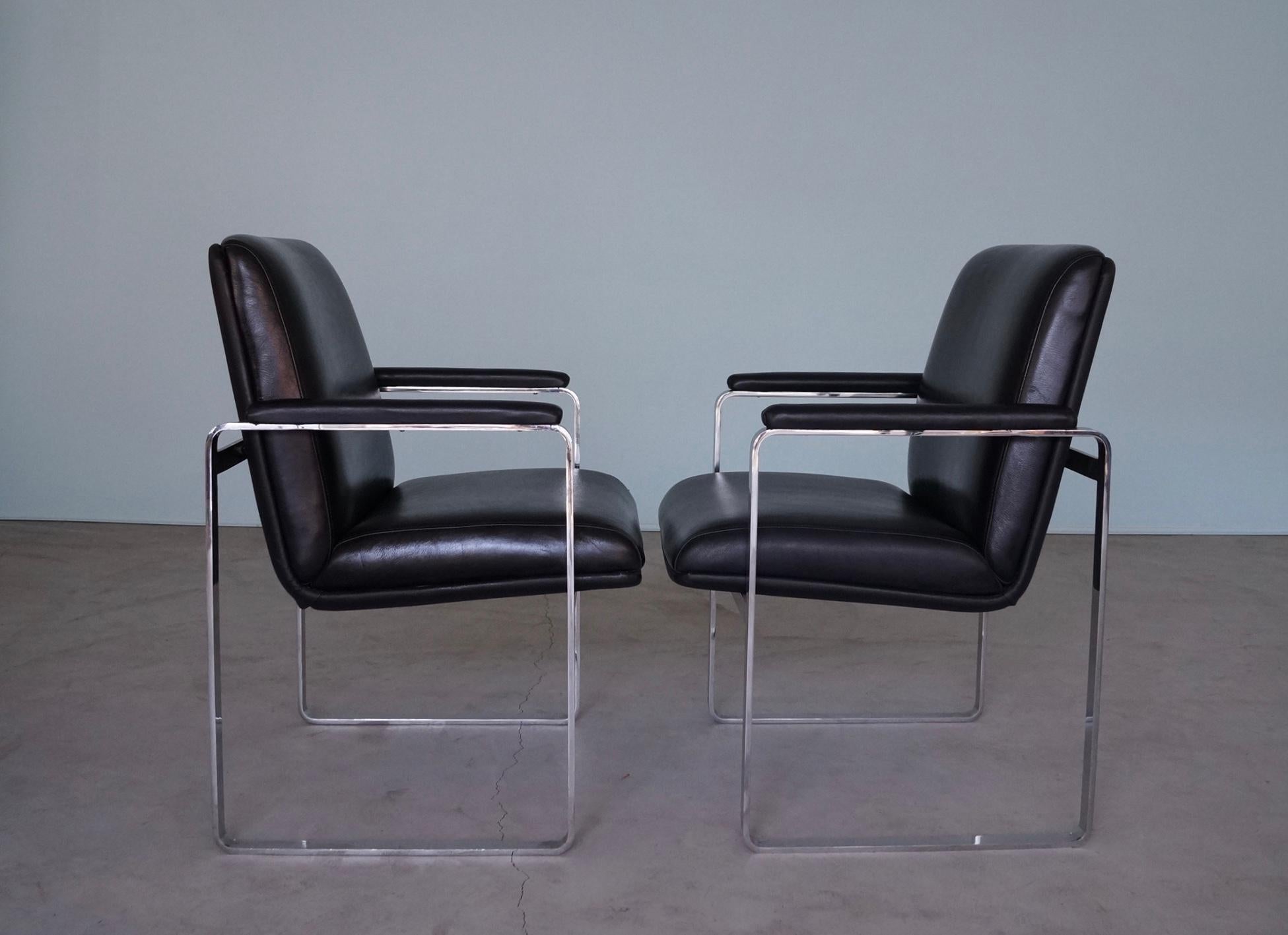 1960's Mid-Century Modern Flat Bar Chrome & Black Leather Armchairs - a Pair For Sale 4