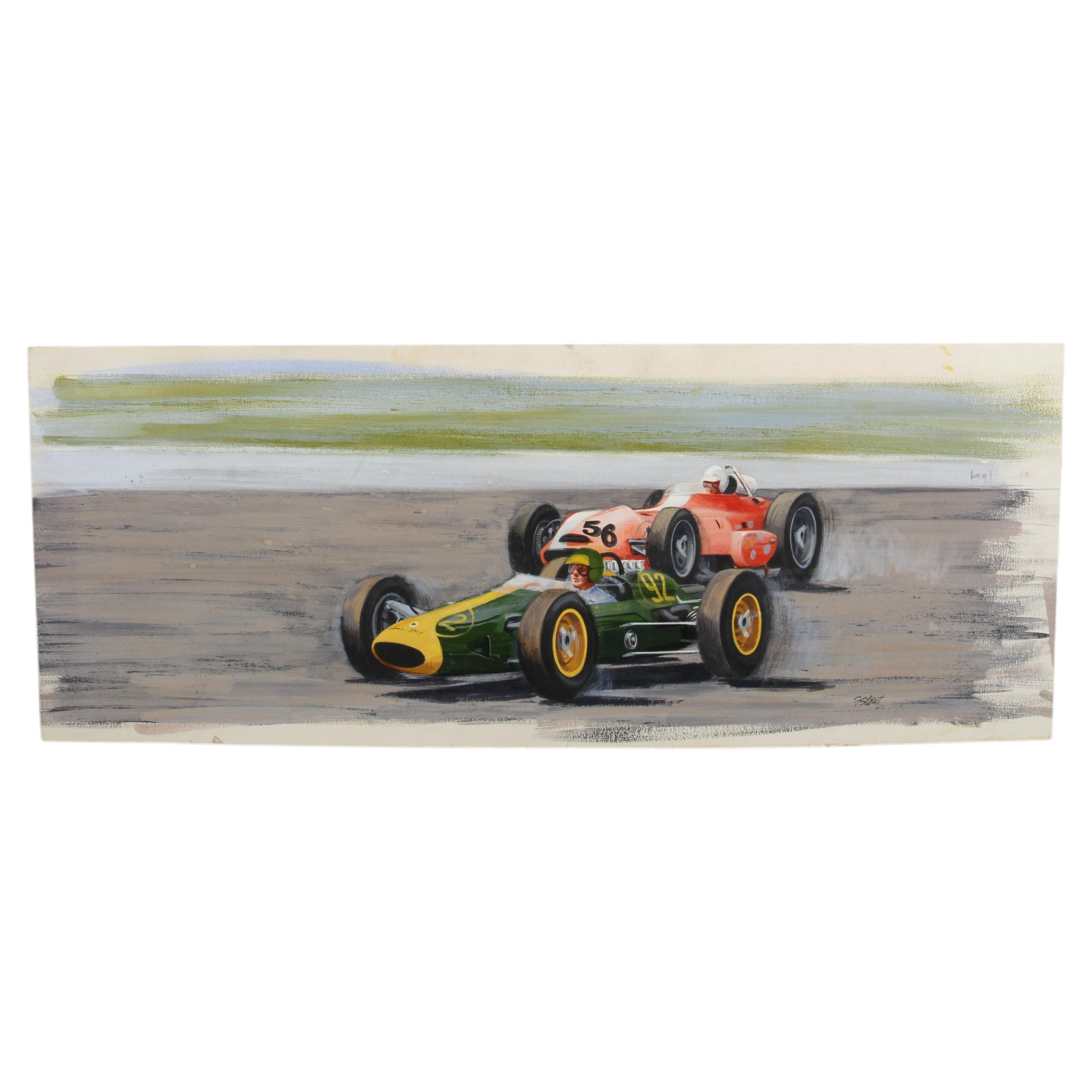 Illustrazione originale firmata di un'auto da corsa degli anni '60 in stile Mid-Century Modern in vendita