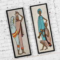 1960s Mid-Century Modern Framed Gravel Wall Art Figural Mosaics a Pair