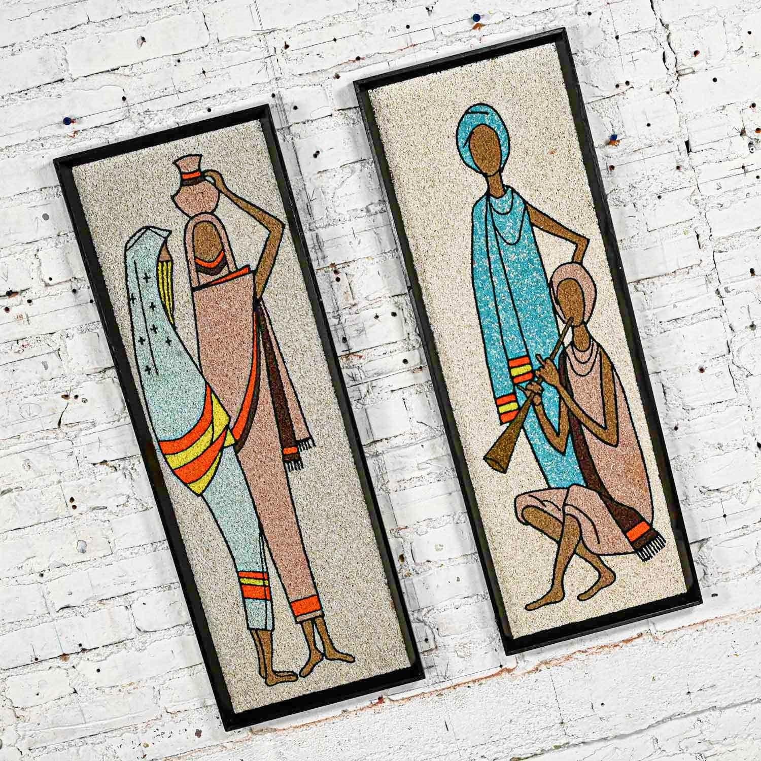 Unknown 1960s Mid-Century Modern Framed Gravel Wall Art Figural Mosaics a Pair For Sale