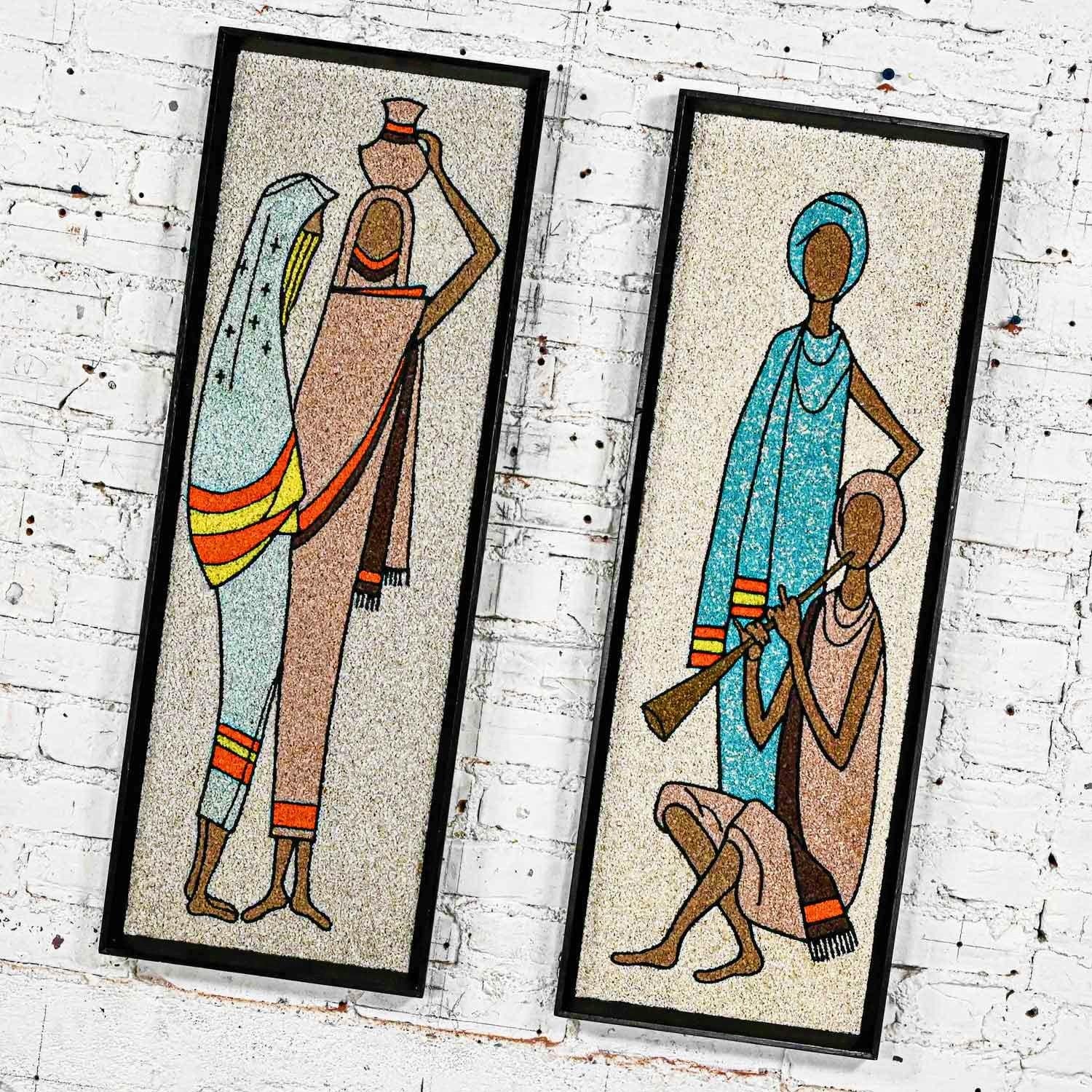 Hand-Crafted 1960s Mid-Century Modern Framed Gravel Wall Art Figural Mosaics a Pair For Sale