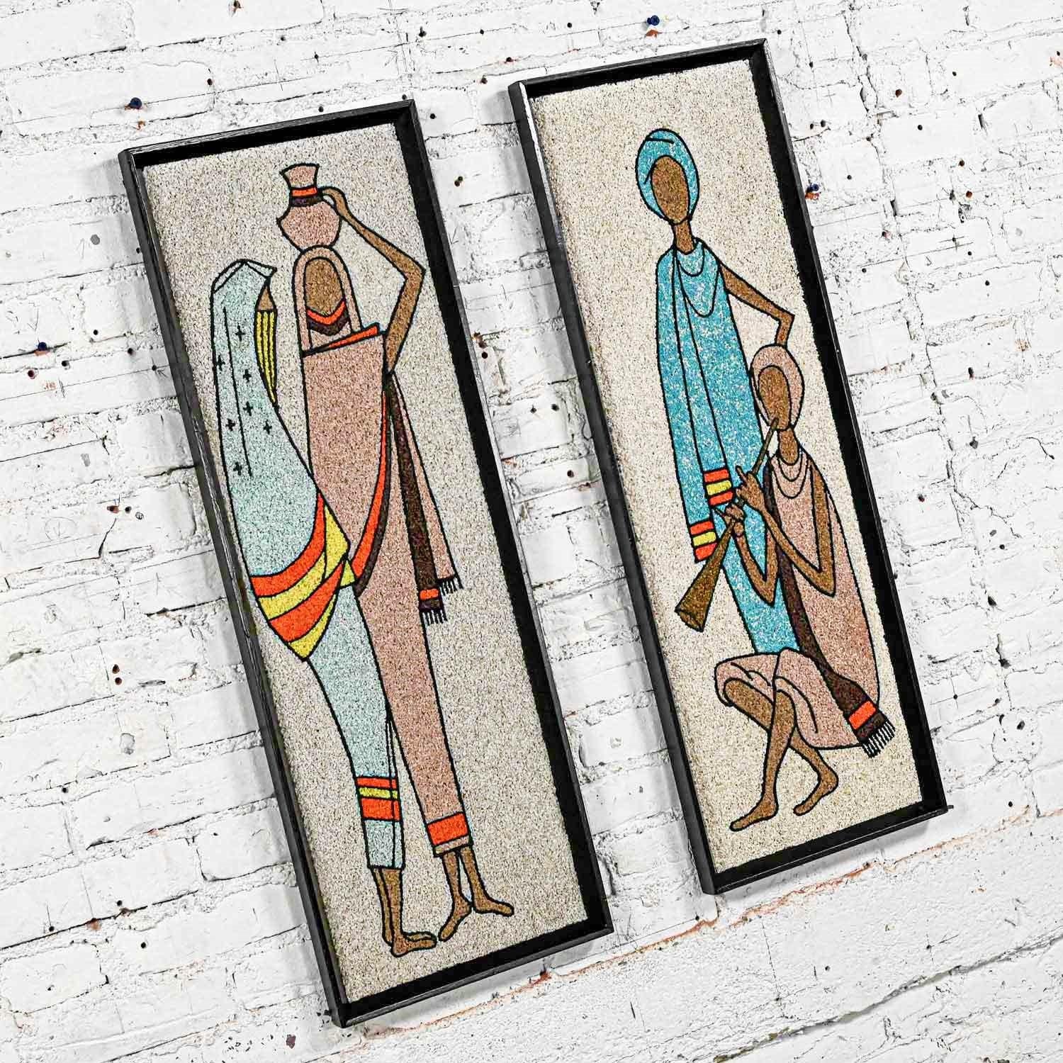 20th Century 1960s Mid-Century Modern Framed Gravel Wall Art Figural Mosaics a Pair For Sale