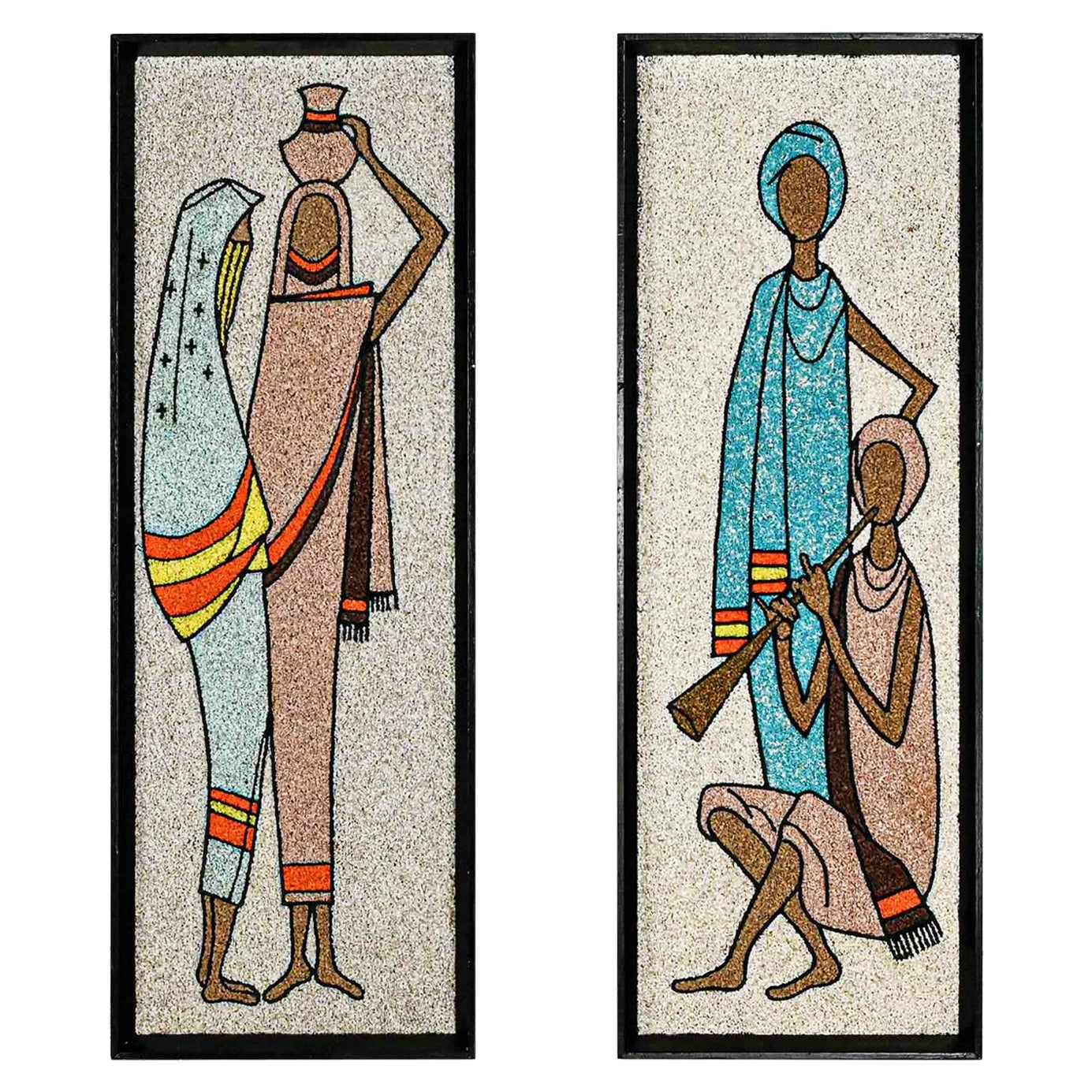 1960s Mid-Century Modern Framed Gravel Wall Art Figural Mosaics a Pair