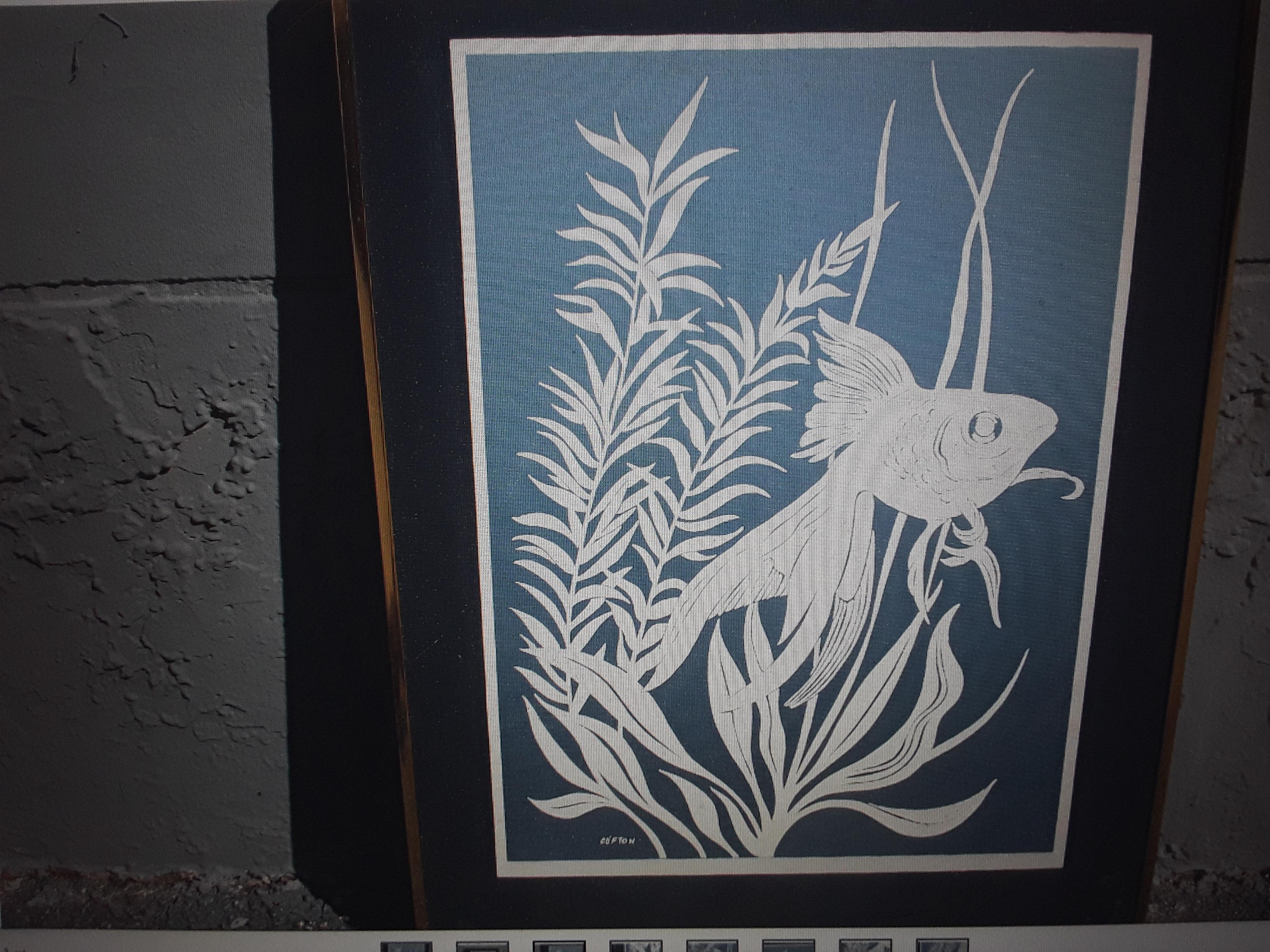 Wood 1960's Mid Century Modern Framed Silk Screen Aquatic Art For Sale