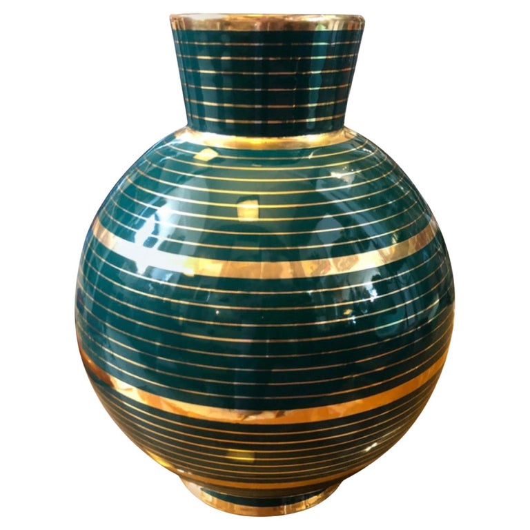 1960s Mid-Century Modern Green and Gold Ceramic Vase in the style of ...