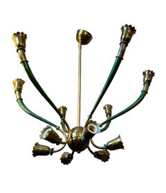 Araña italiana de latón y metal pintado en verde, moderna de mediados de siglo de 1960