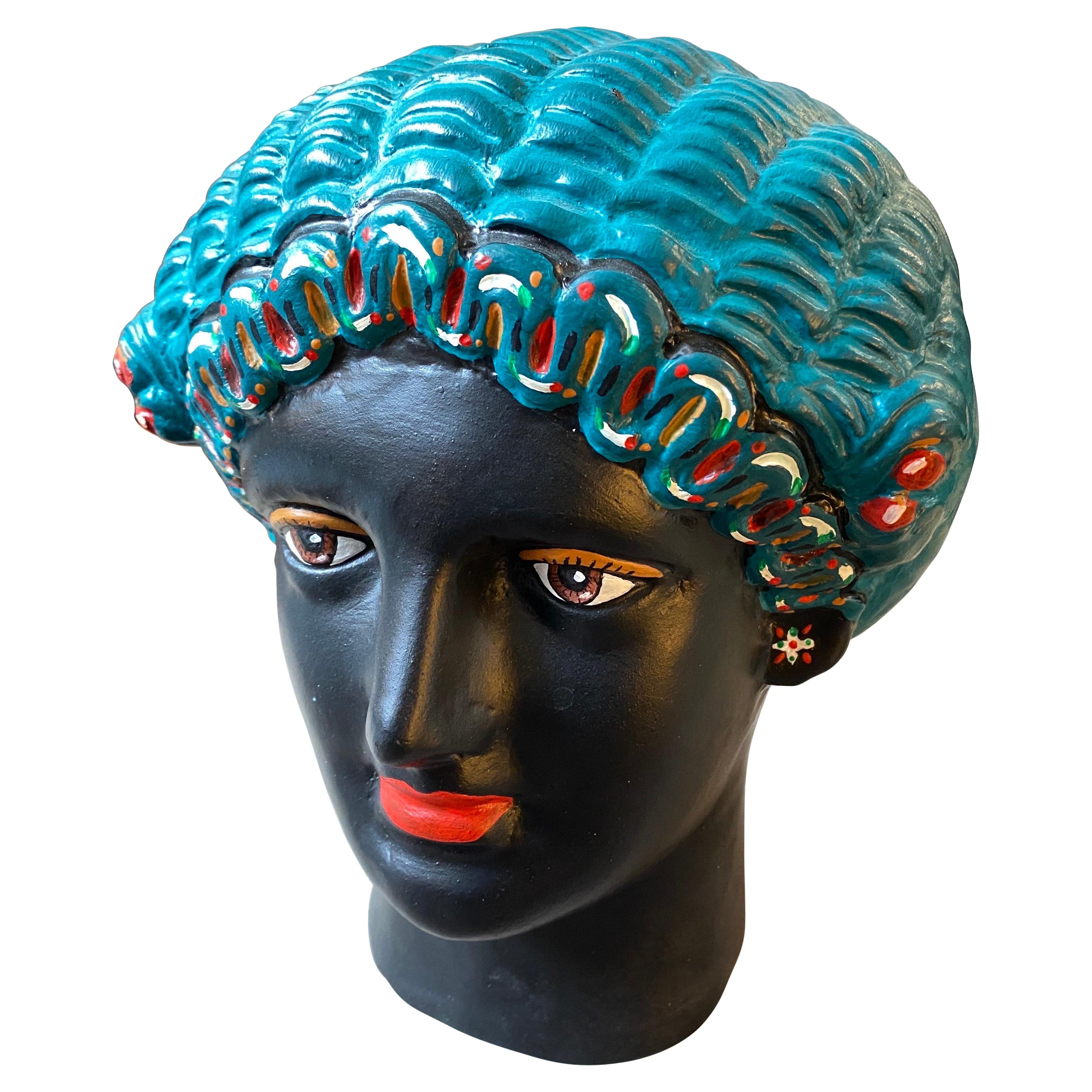 1960s Mid-Century Modern Hand-Painted Terracotta Woman
s Head