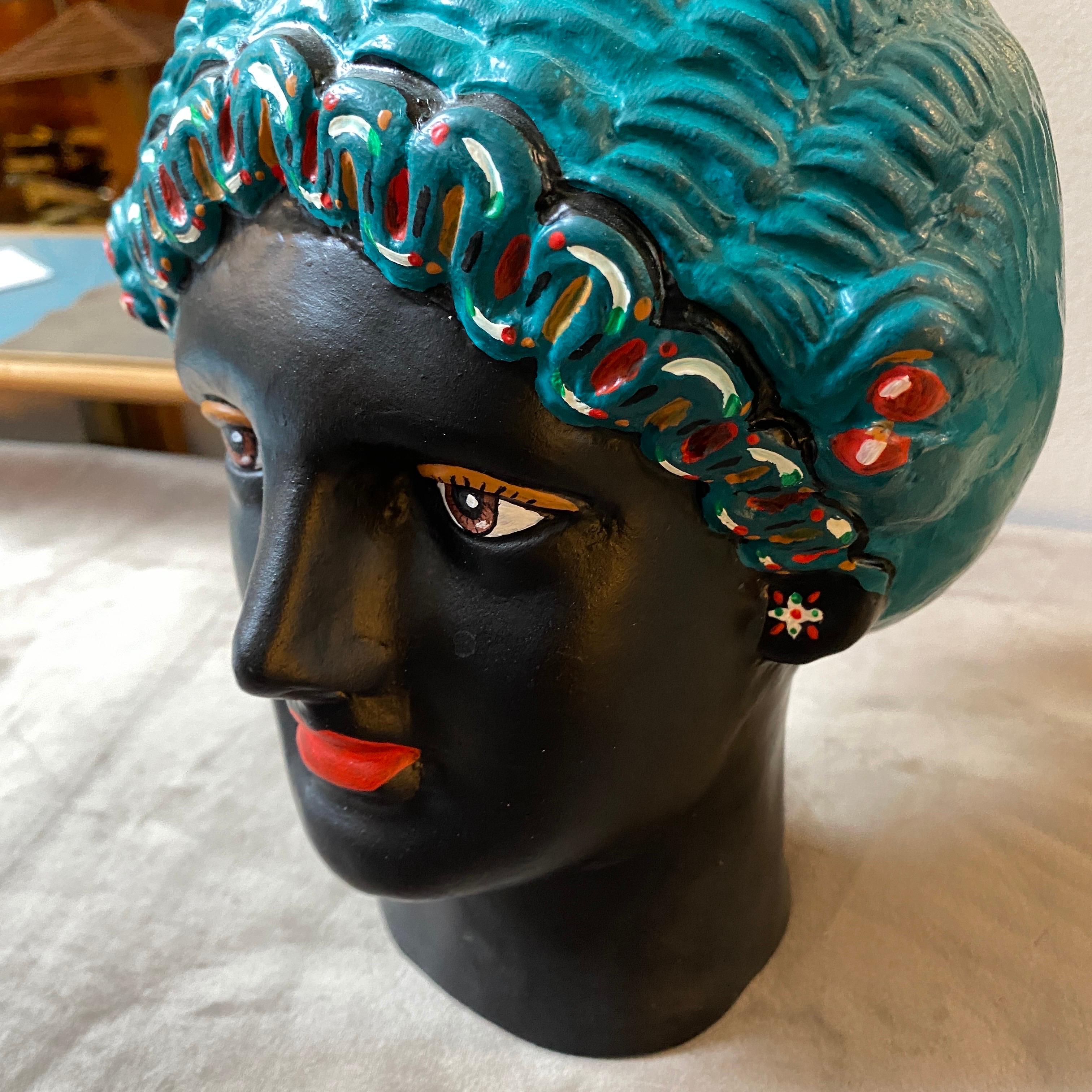 1960s Mid-Century Modern Hand-Painted Terracotta Woman's Head In Good Condition In Aci Castello, IT