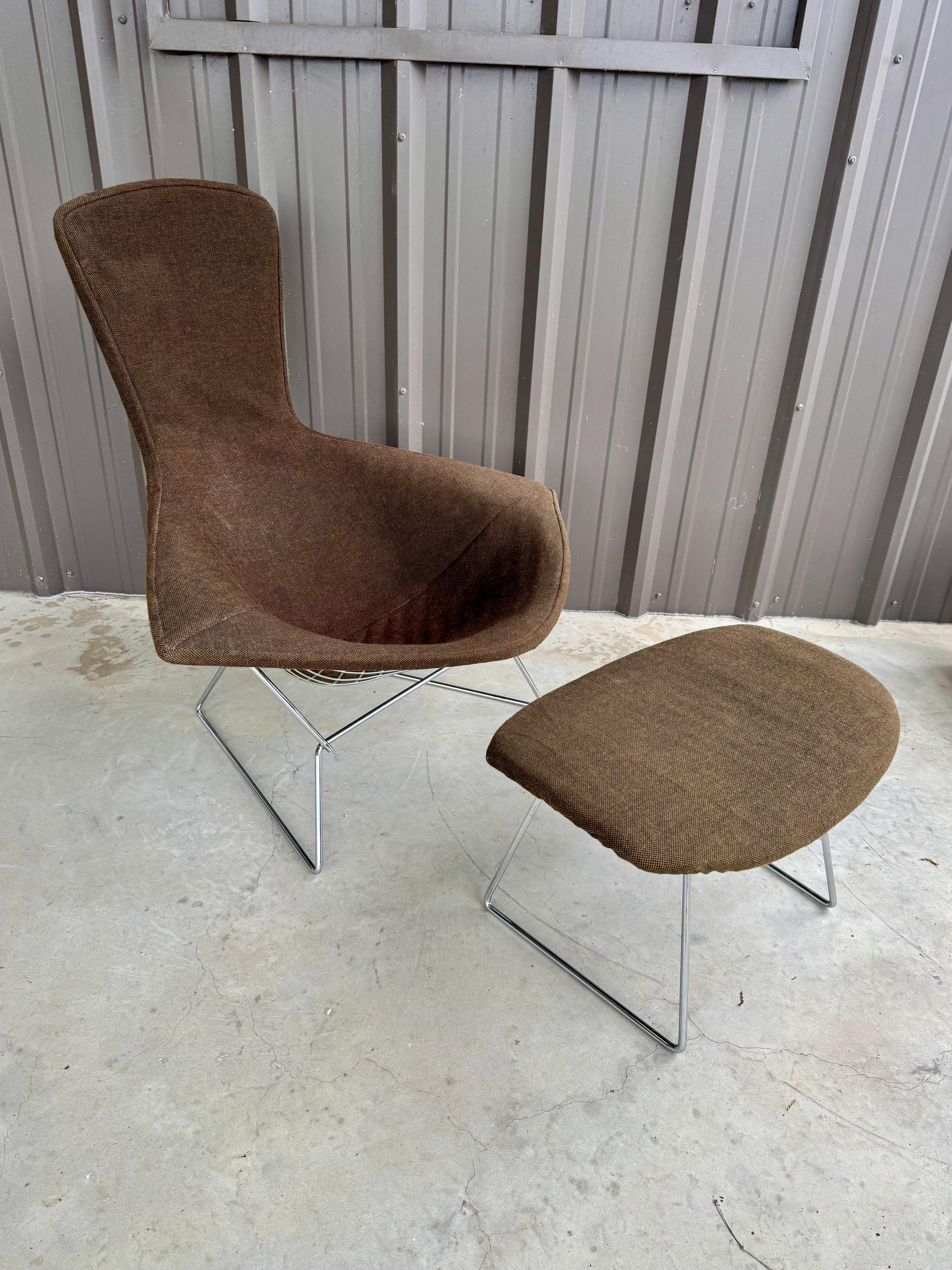 1960s Mid Century Modern Harry Bertoia Knoll Brown Chrome Bird Chair & Ottoman For Sale 6