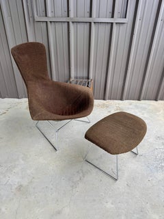 1960s Mid Century Modern Harry Bertoia Knoll Brown Chrome Bird Chair & Ottoman