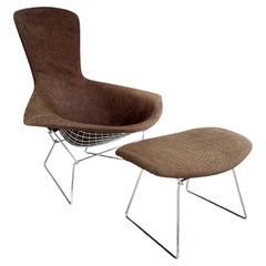 Vintage 1960s Mid Century Modern Harry Bertoia Knoll Brown Chrome Bird Chair & Ottoman