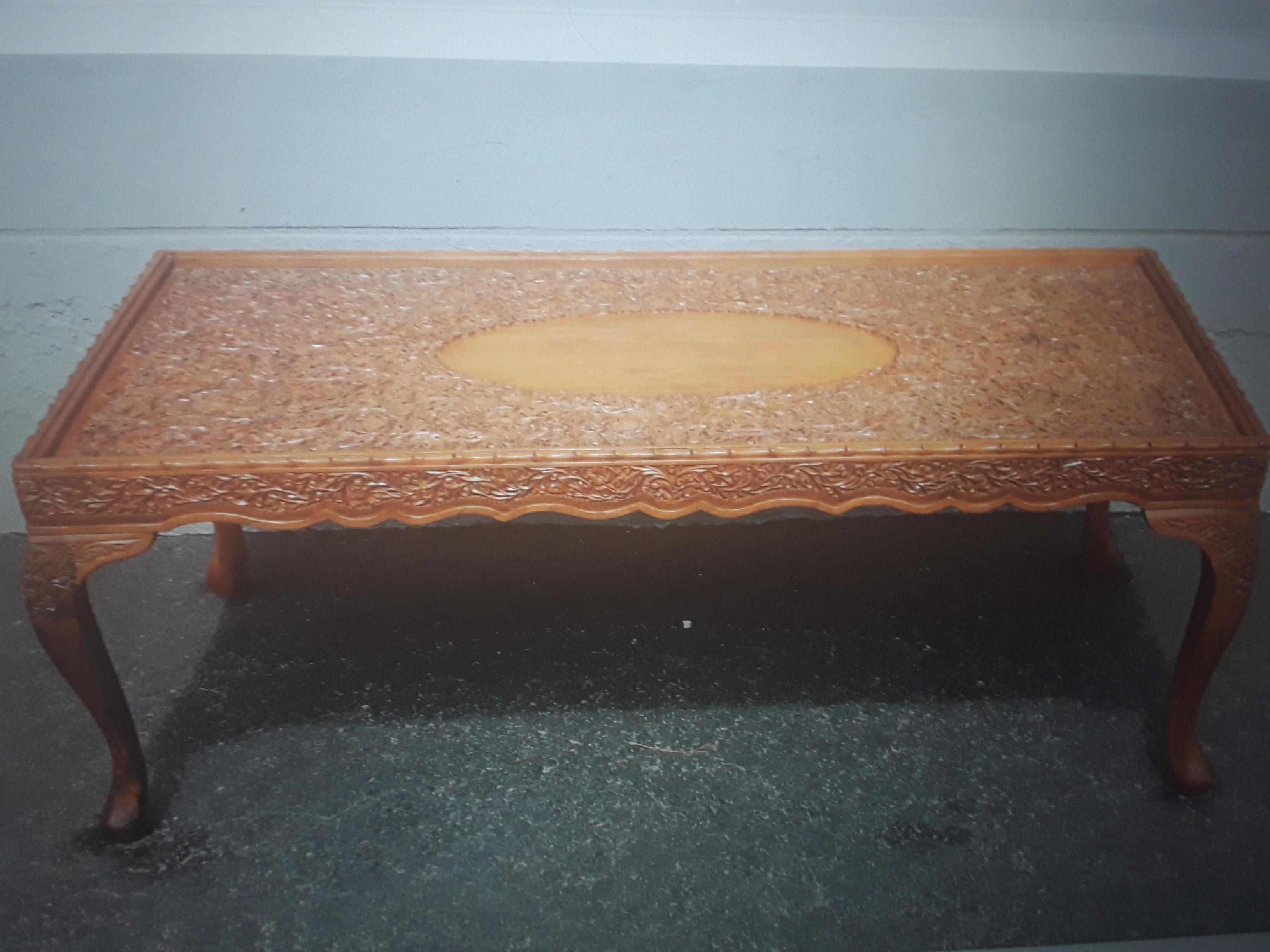 Mid-Century Modern 1960's Mid Century Modern Highly Carved in Floral Relief Coffee / Cocktail Table For Sale