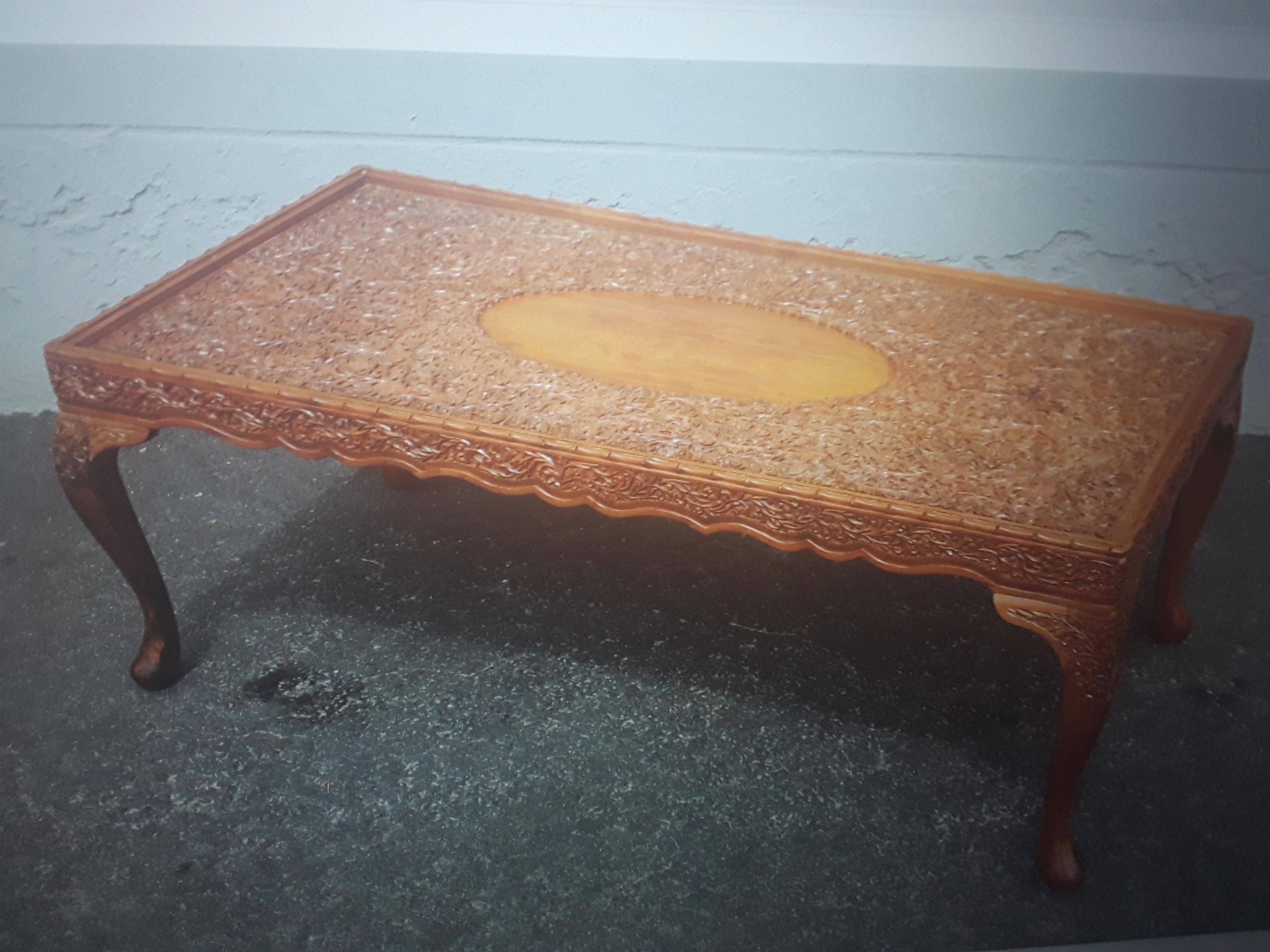 1960's Mid Century Modern Highly Carved in Floral Relief Coffee / Cocktail Table In Good Condition For Sale In Opa Locka, FL