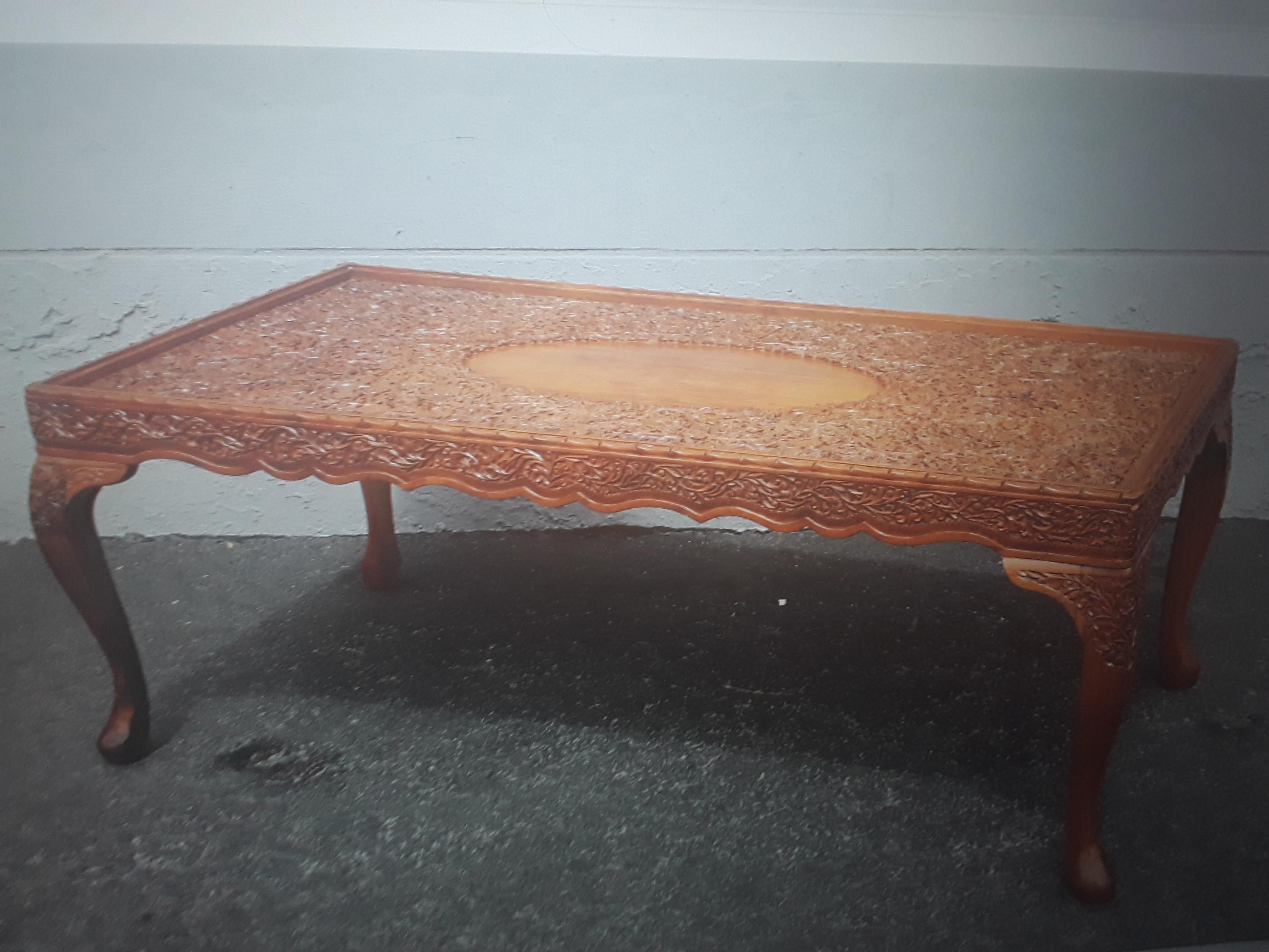 Wood 1960's Mid Century Modern Highly Carved in Floral Relief Coffee / Cocktail Table For Sale