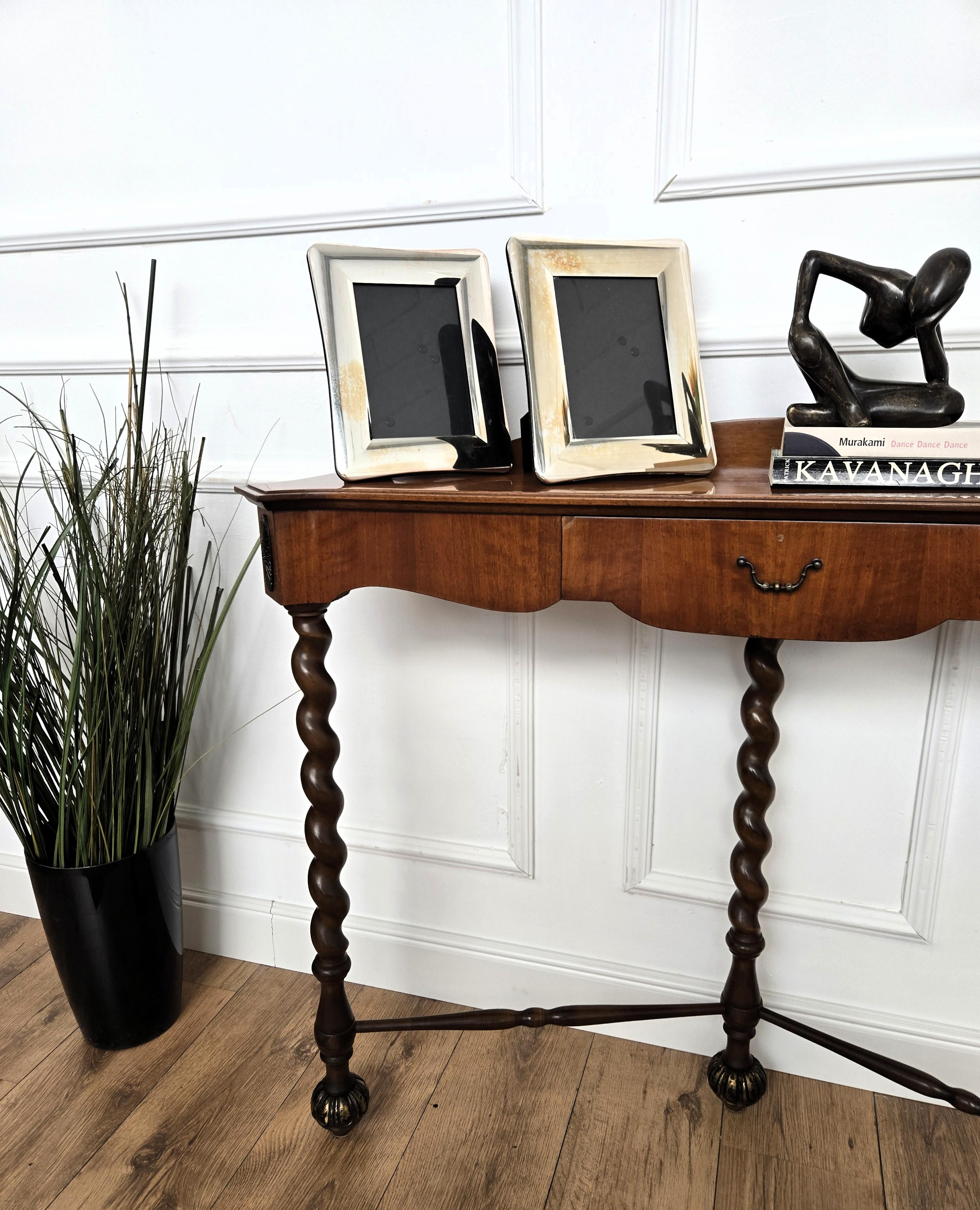 1960s Mid-Century Modern Italian Barley Twisted Wood Wall Console Table For Sale 1