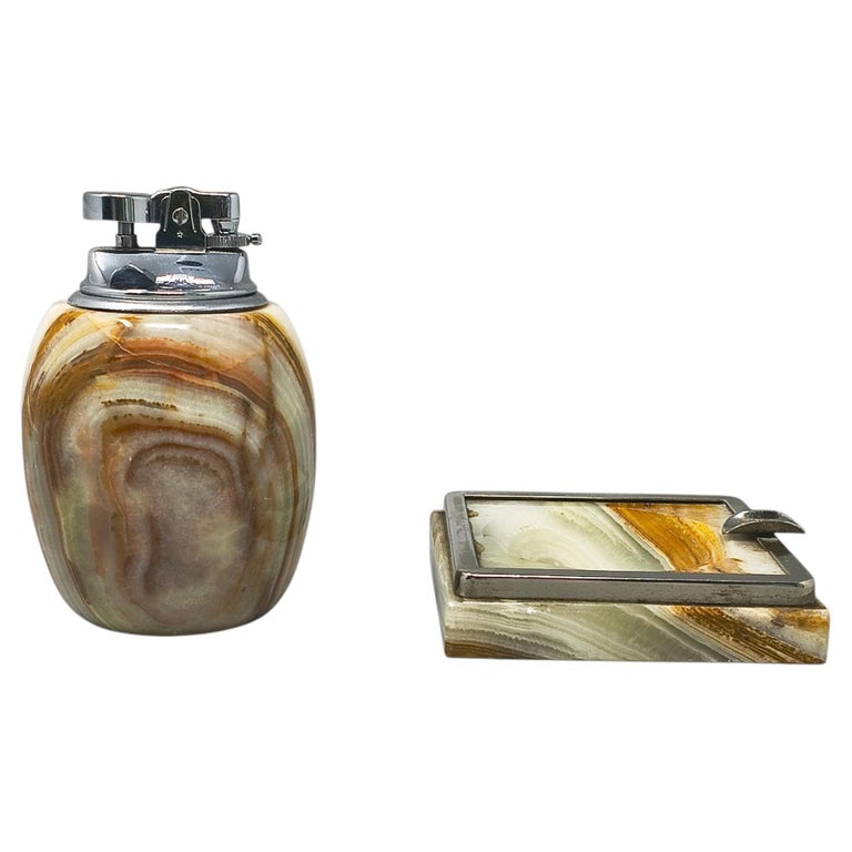 1960s Mid-Century Modern Italian Onyx Smoking Set with Table Lighter & Ashtray