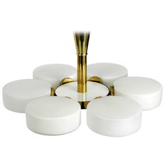 1960s Mid-Century Modern Kaiser Brass Ceiling Lamp with Six Opaline Glasses