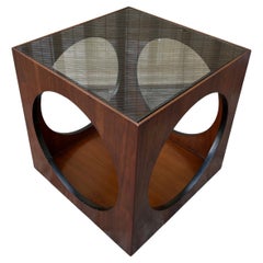 1960s Mid-Century Modern Lane Cube Side Table W/ Smoke Glass Top by Lane