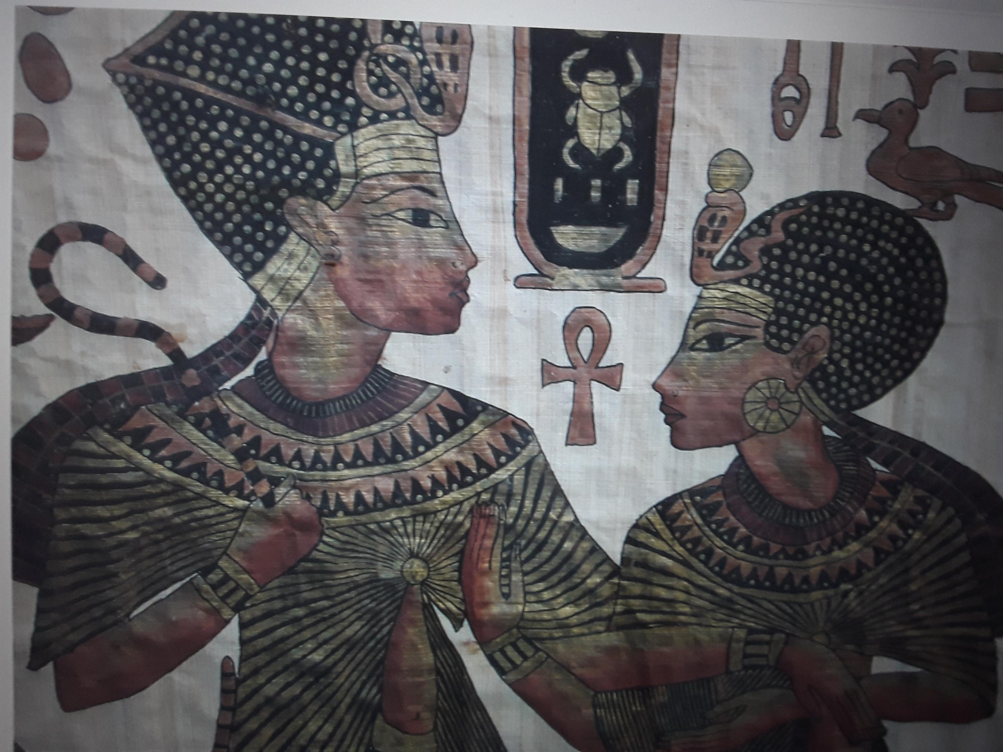 1960's Mid Century Modern Large Egyptian Themed Painting on Aged Parchment Paper For Sale 1