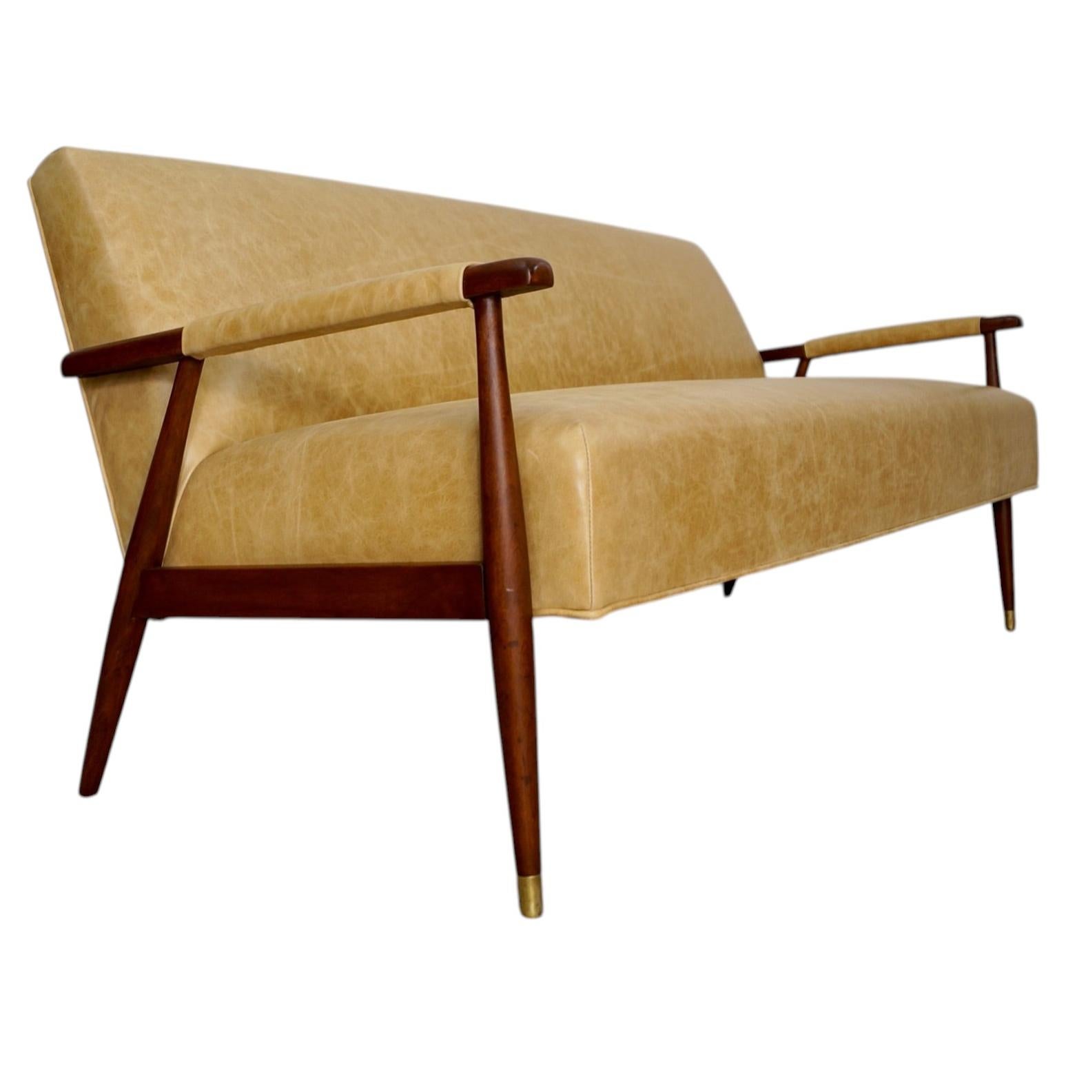 1960's Mid-Century Modern Leather & Walnut Sofa For Sale