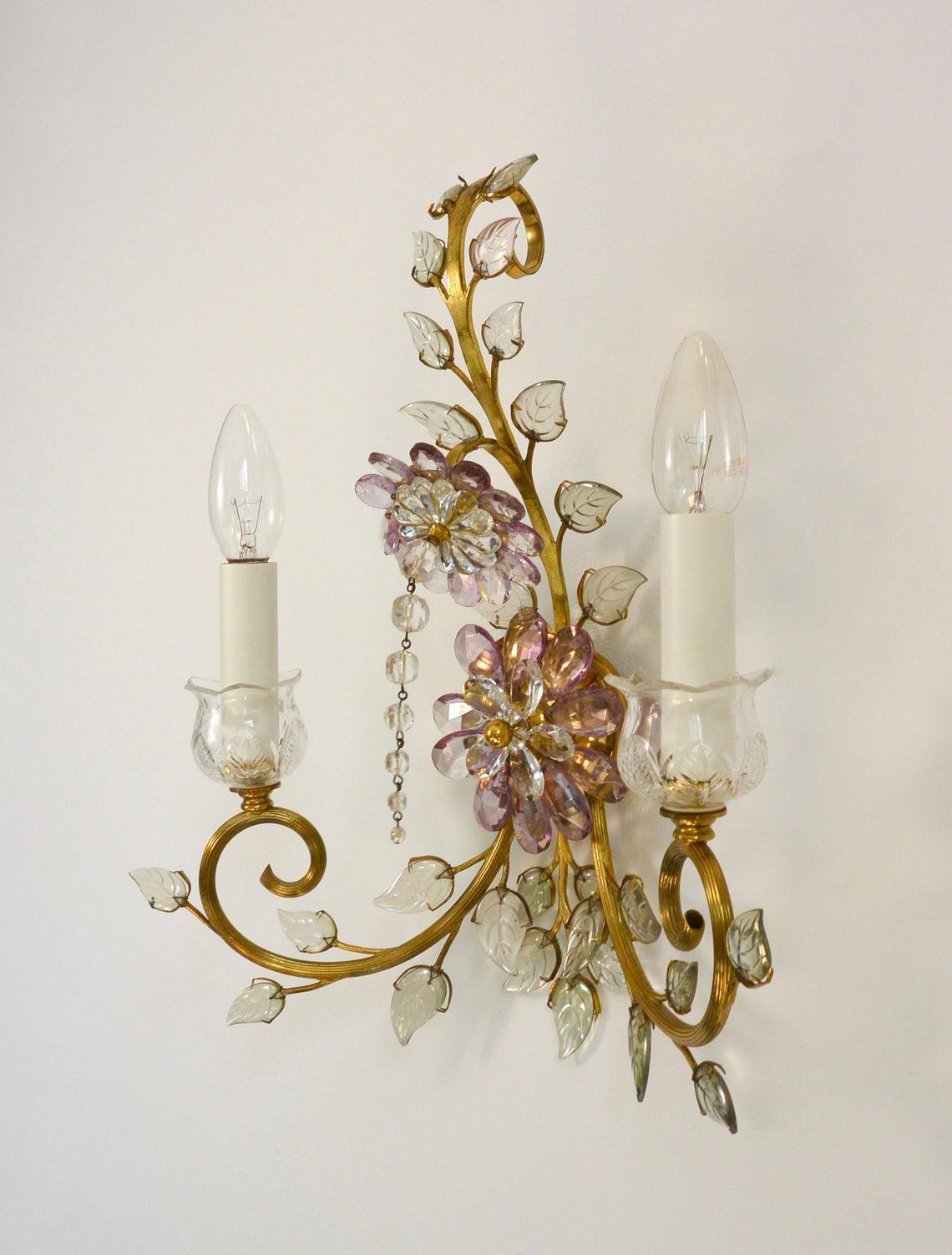 Stunning French Mid Century Modern Cut Crystal Floral Form Wall Sconce. Verde and amethyst crystal petals and flowers. Magnificent!