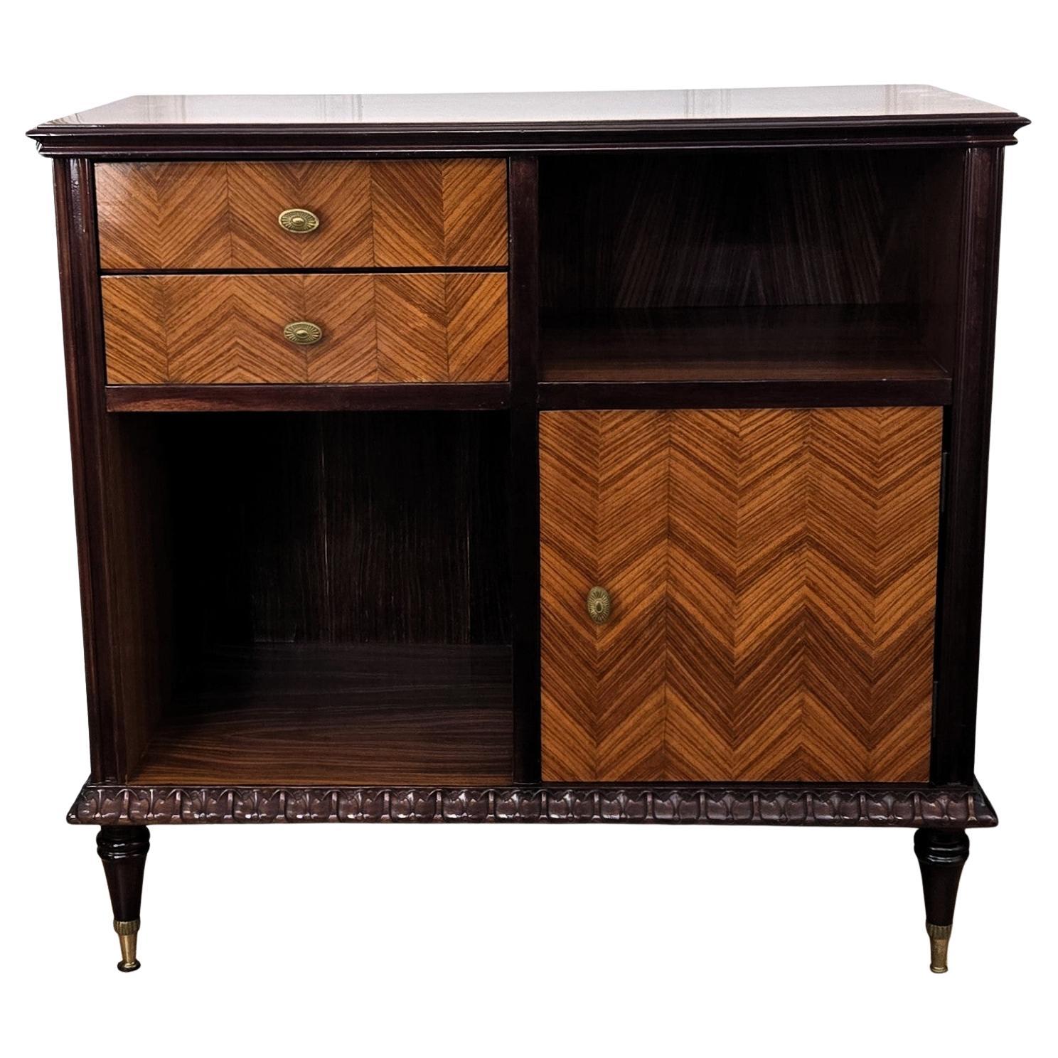 1960s Mid-Century Modern MCM Italian Wood and Brass Entryway Console Cabinet en vente