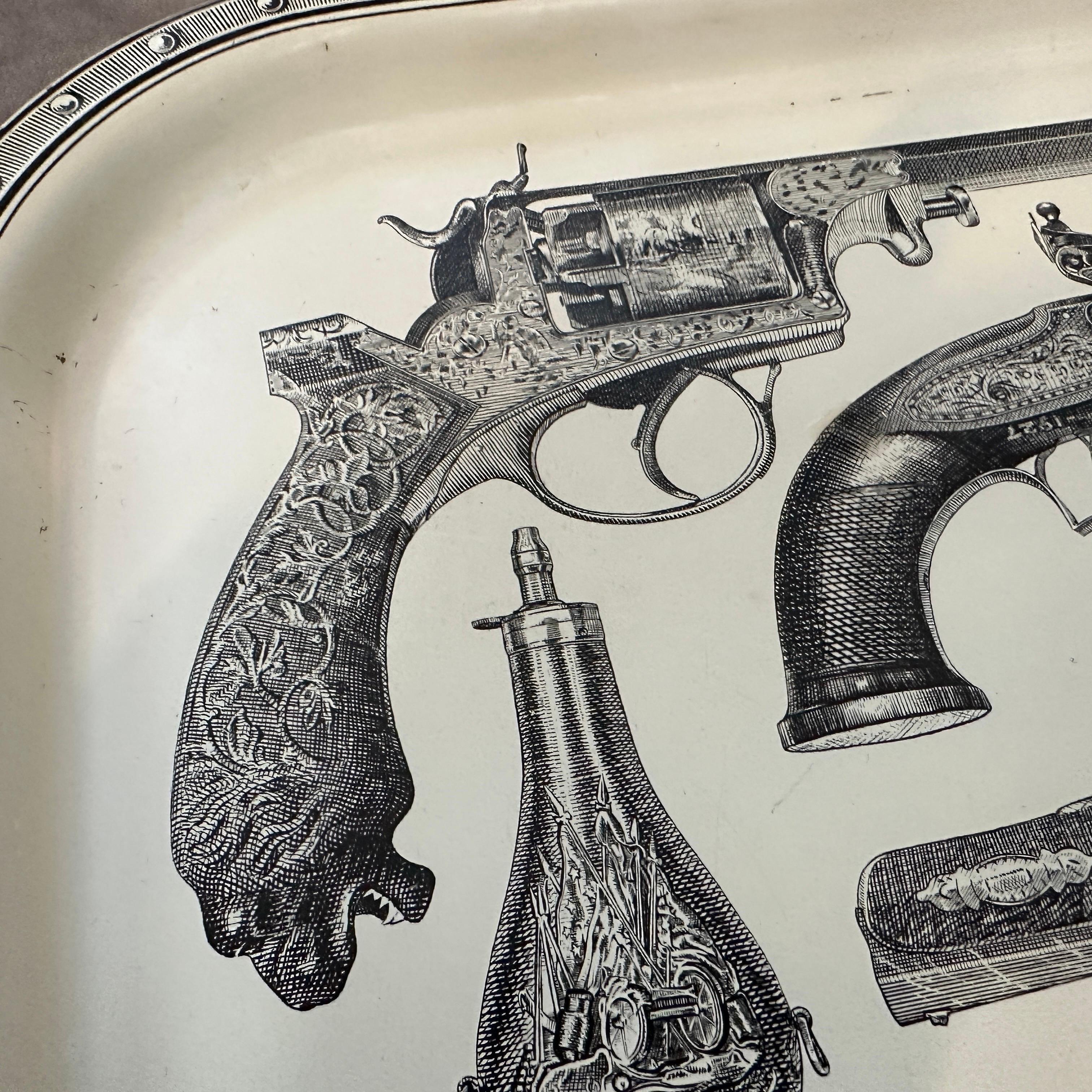 Italian 1960s Mid-Century Modern Metal Antique Fire Arms Square Tray by Piero Fornasetti