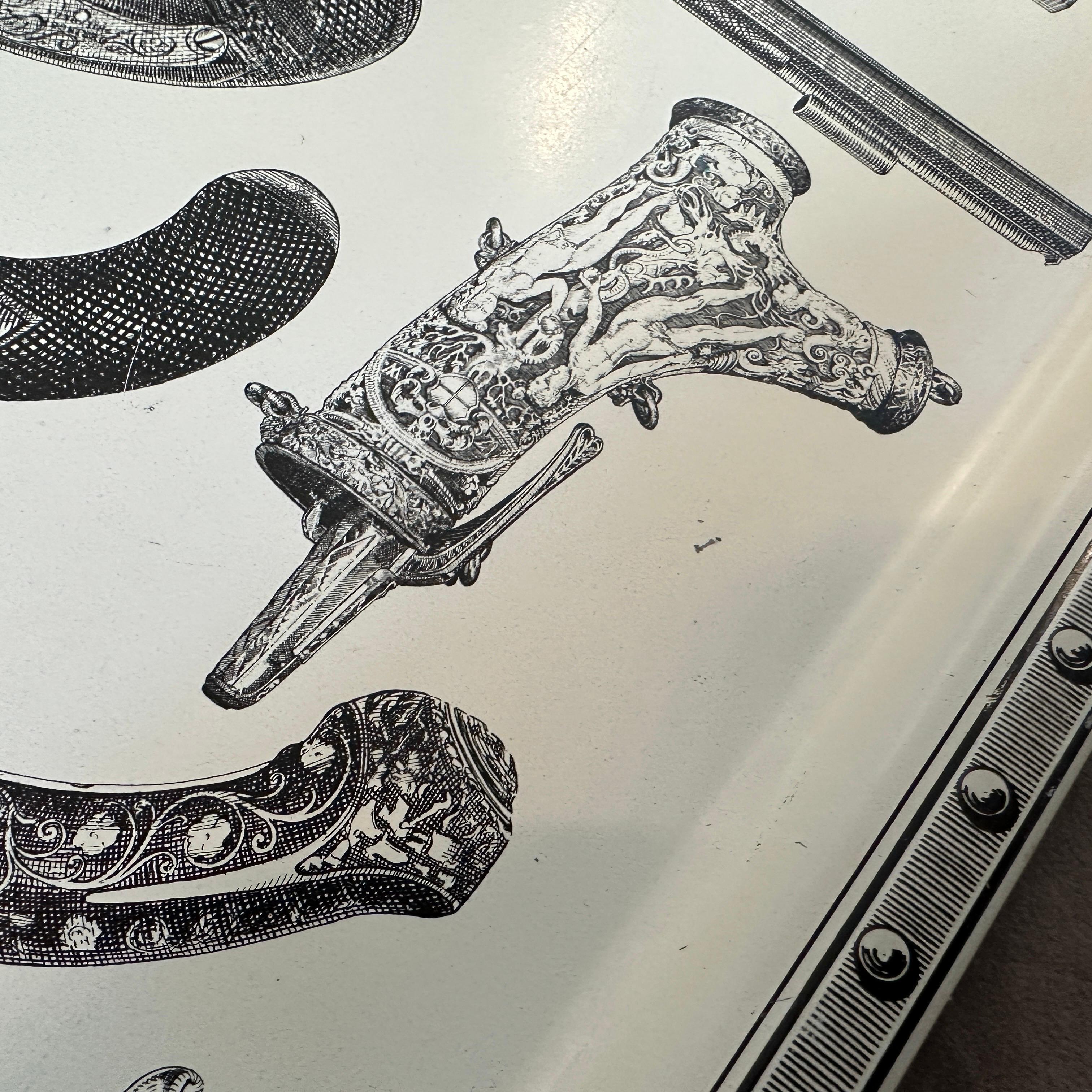 1960s Mid-Century Modern Metal Antique Fire Arms Square Tray by Piero Fornasetti In Good Condition In Aci Castello, IT