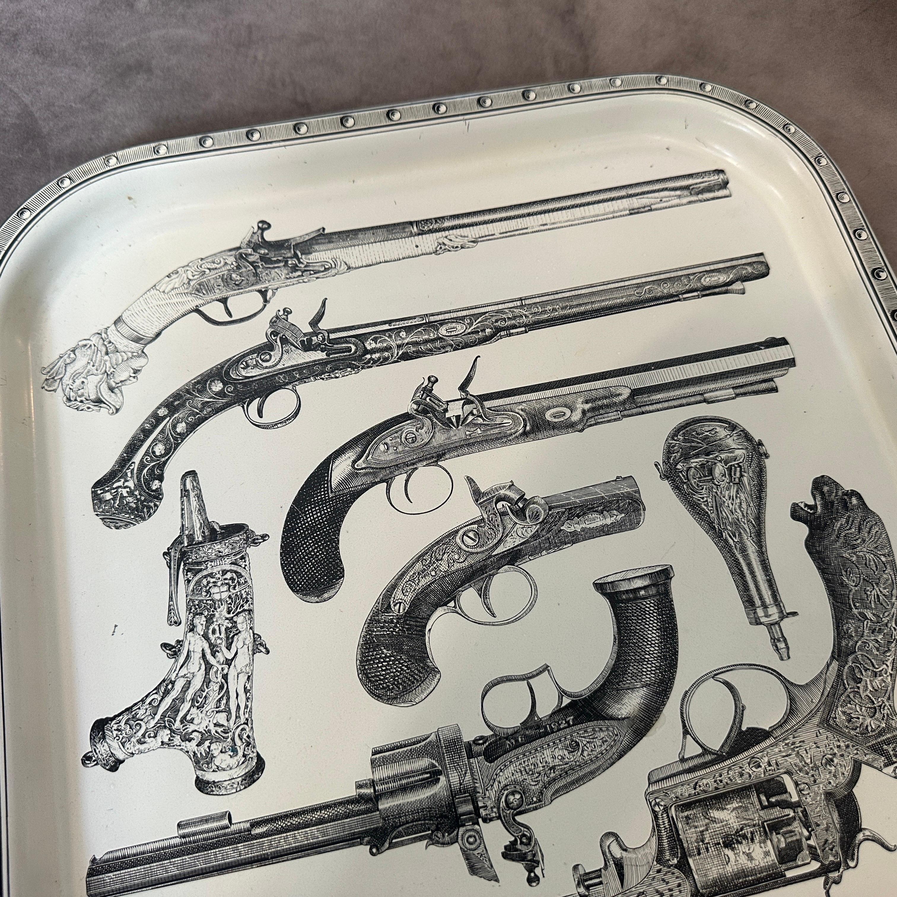 1960s Mid-Century Modern Metal Antique Fire Arms Square Tray by Piero Fornasetti 1