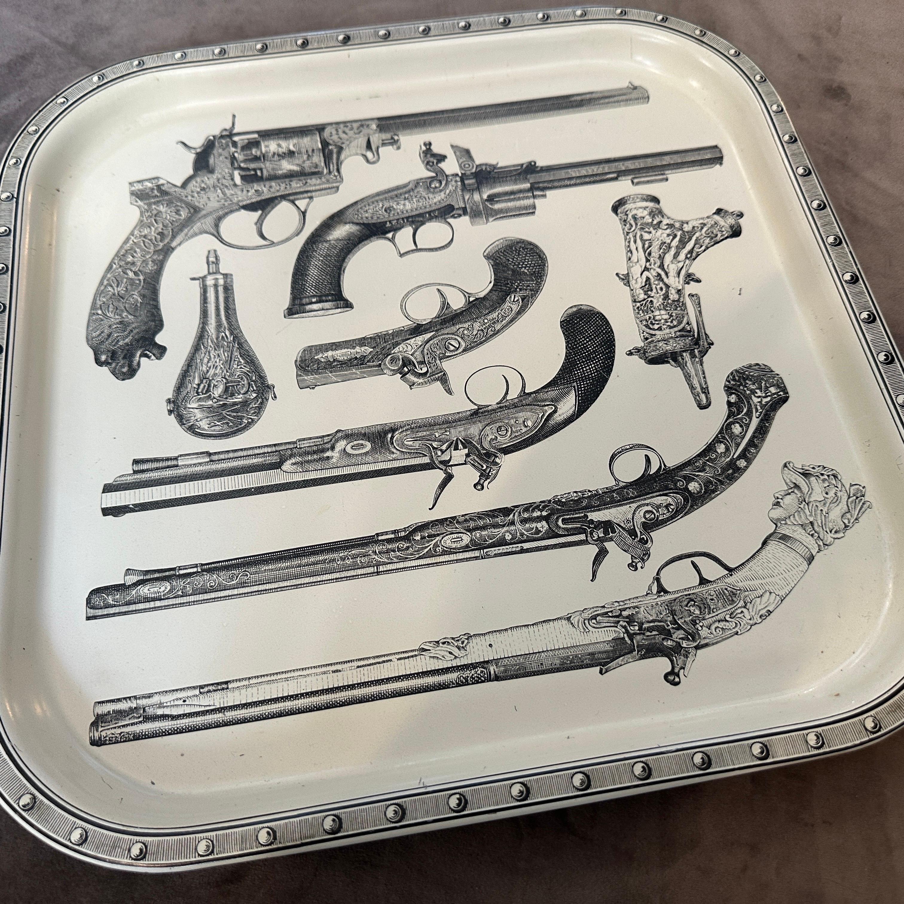 1960s Mid-Century Modern Metal Antique Fire Arms Square Tray by Piero Fornasetti 2