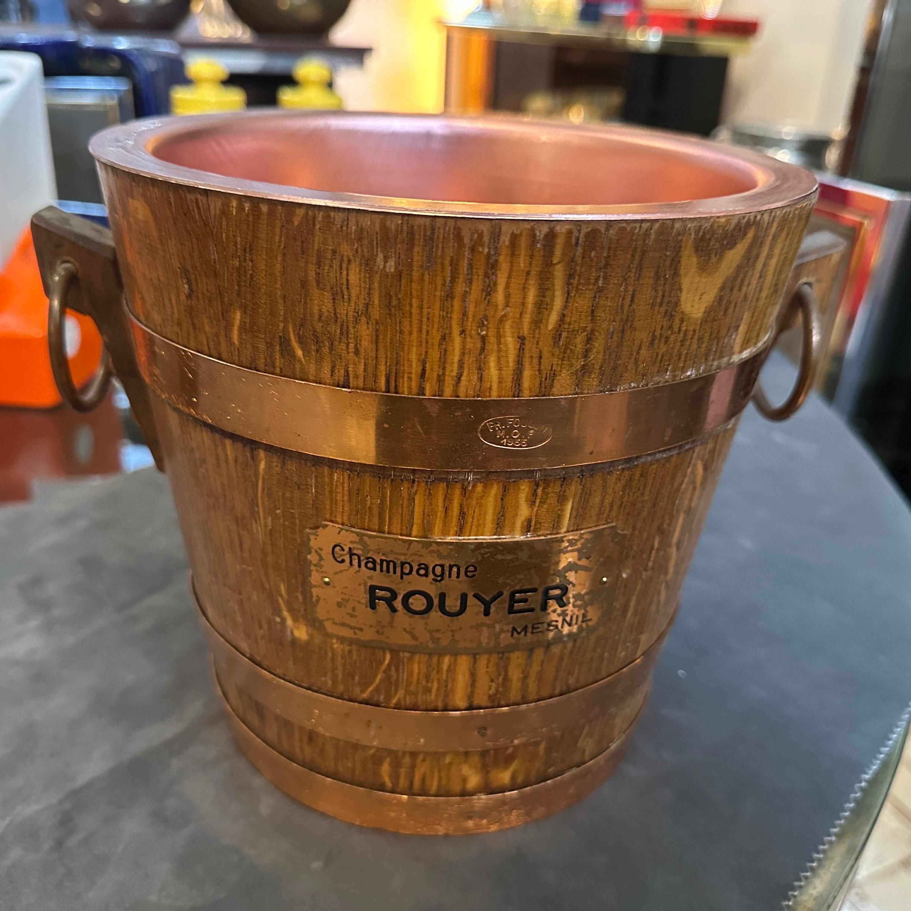 Art Deco 1960s Mid-Century Modern Oak and Copper French Wine Cooler by Champagne Rouyer For Sale