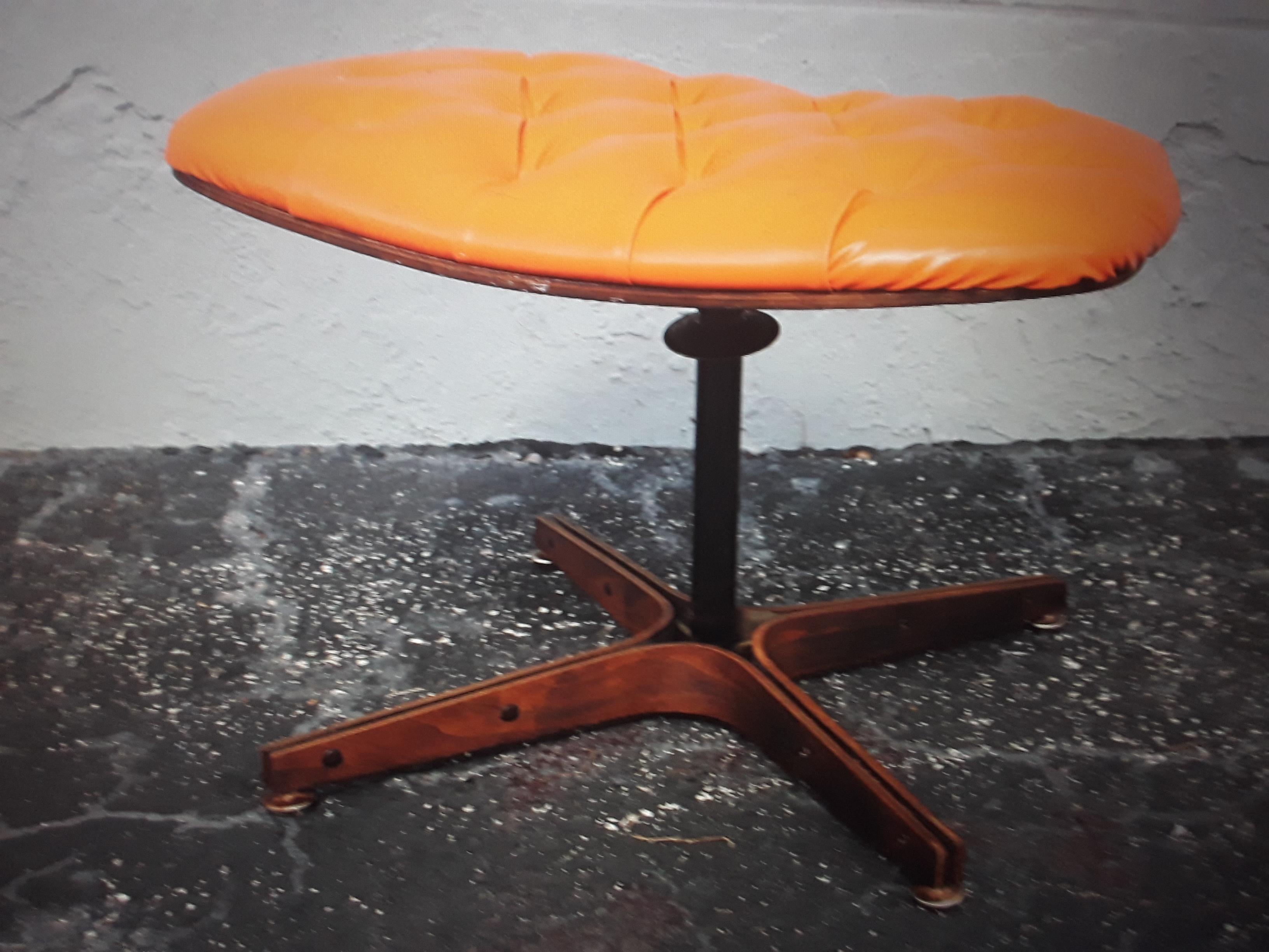 Leather 1960's Mid Century Modern Orange Vinyl Tufted Foot Stool For Sale