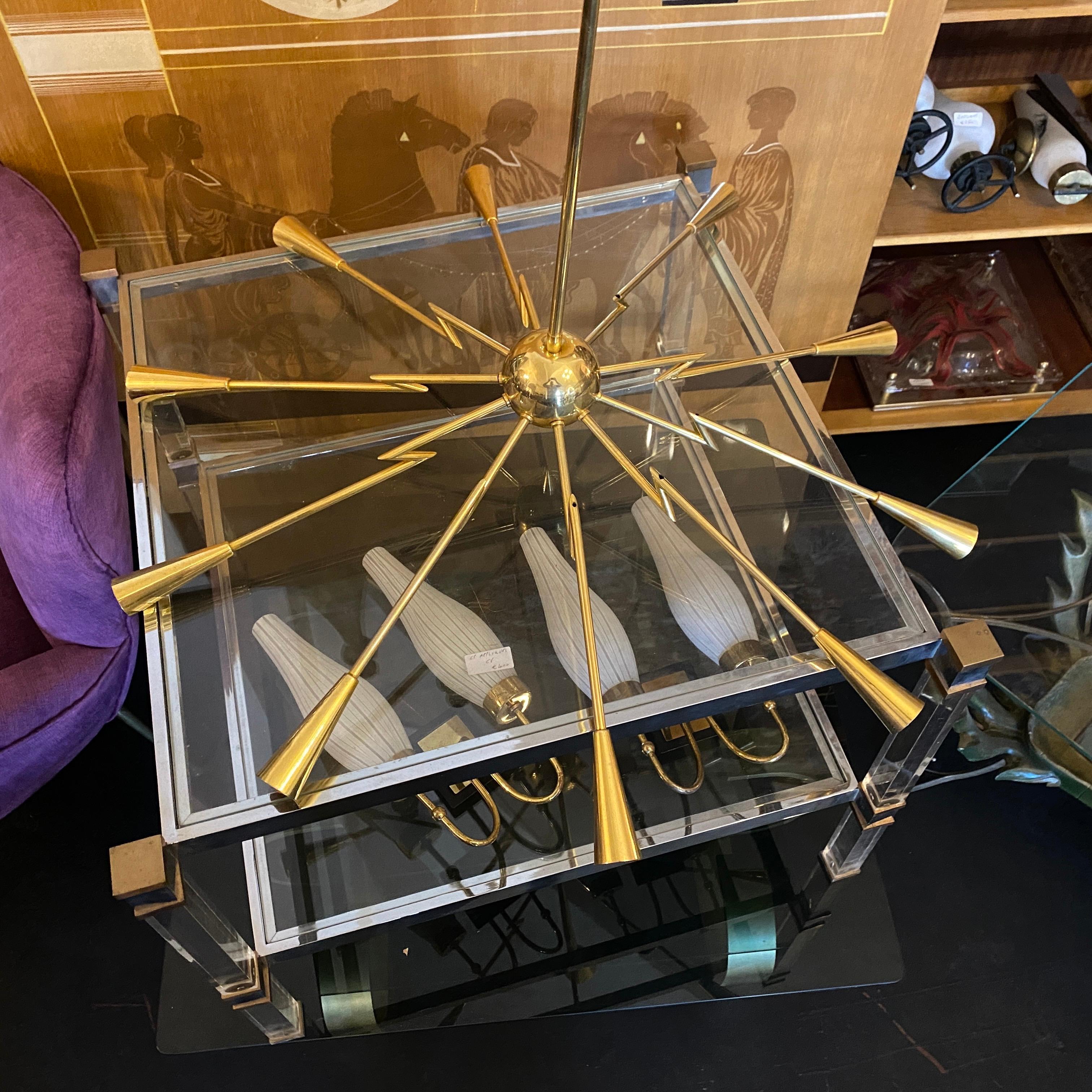 1960s Mid-Century Modern Oscar Torlasco Attributed Sputnik Brass Chandelier 1