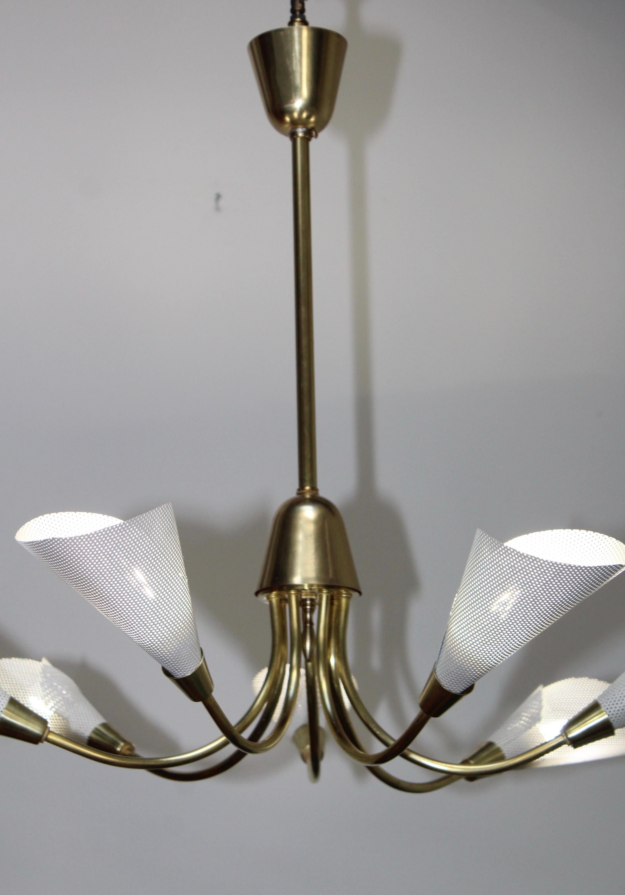 1960s Mid-Century Modern Perforated Shades and Brass French Chandelier For Sale 5